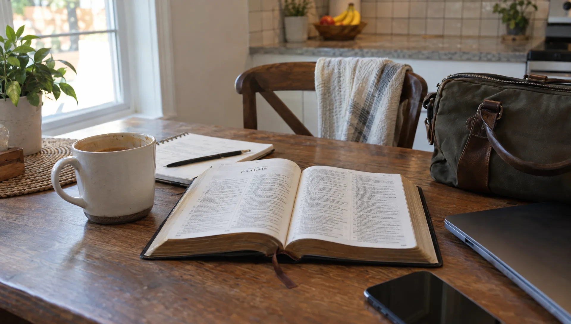 An open Bible rests beside a work bag and unfinished coffee on a kitchen table, joining prayer with the routines of home and work.