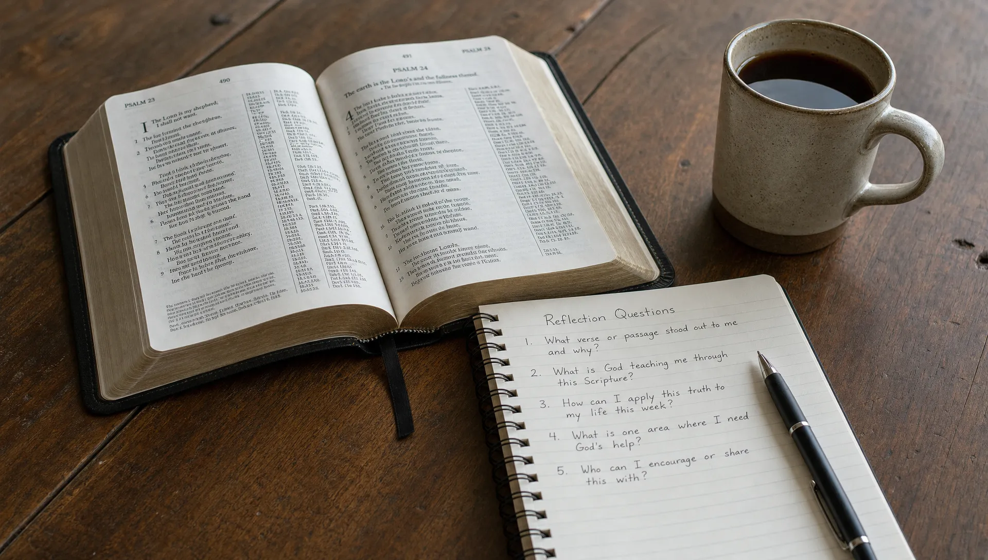 An open Bible sits beside a notebook with five reflection questions, a pen, and a mug on a wooden table.