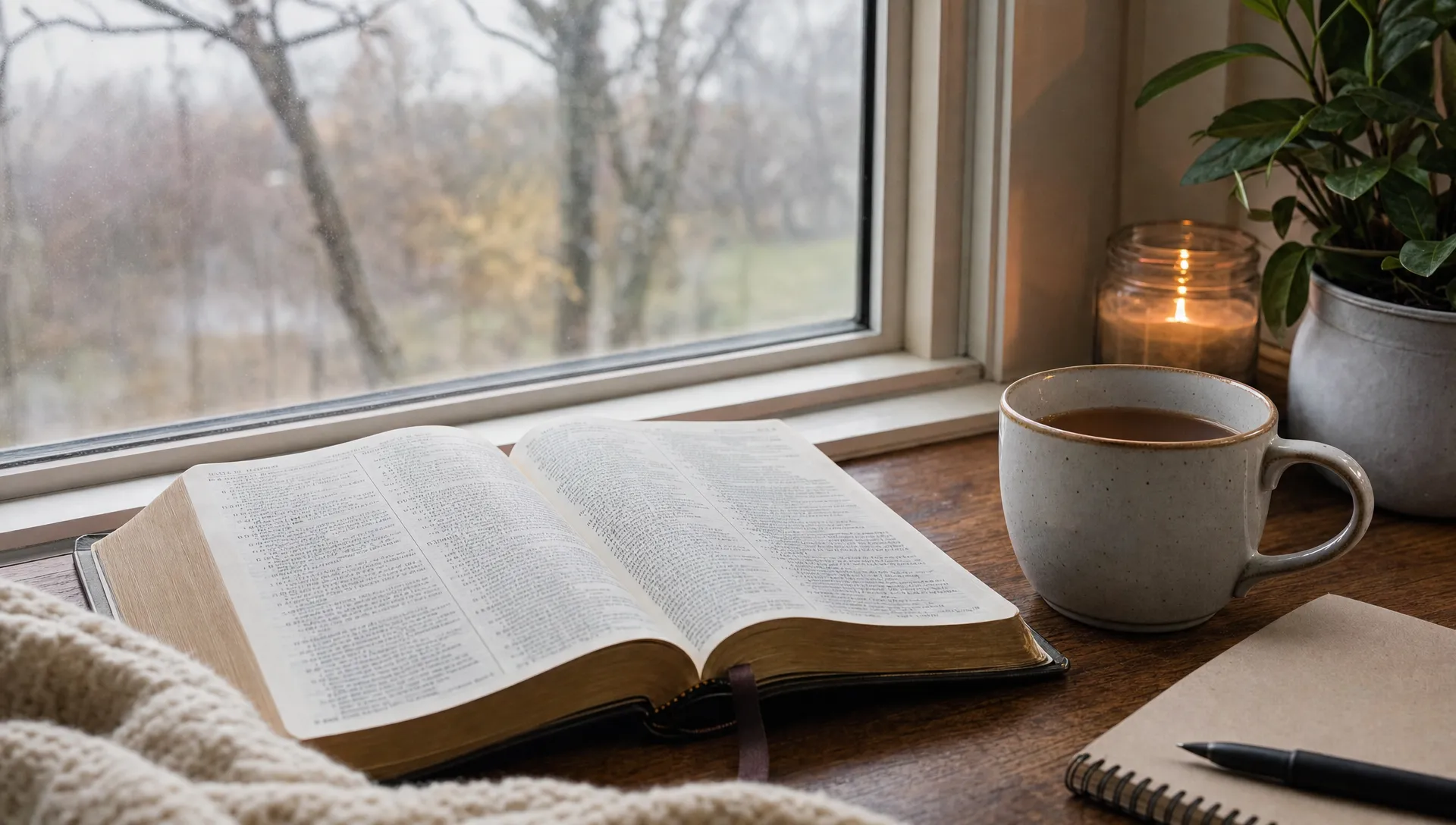 An open Bible beside a warm cup of tea on a quiet table by a window, showing a calm devotional moment in a lonely season.