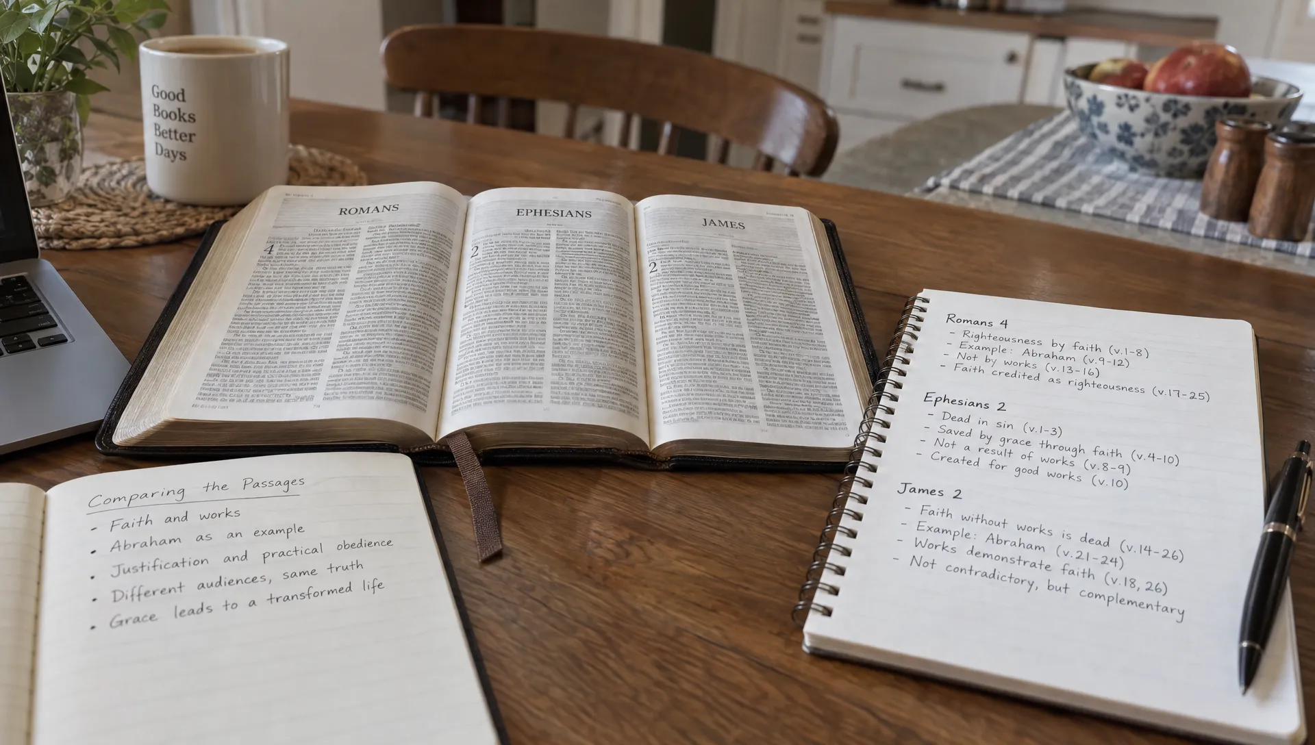 An open Bible and study notes on Romans 4, Ephesians 2, and James 2 lie on a kitchen table as the passages are compared.