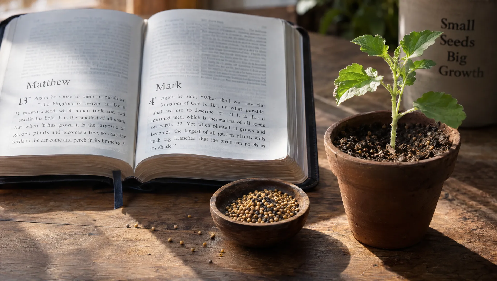 An open Bible lies beside mustard seeds and a young mustard plant growing in a small pot, illustrating Jesus’ teaching about the kingdom’s small beginnings and patient growth.