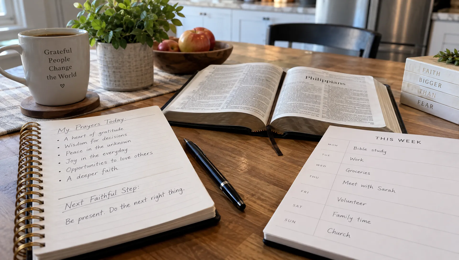 An open Bible and handwritten prayer journal sit beside a weekly planner on a kitchen table, with a pen near a note about the next faithful step.