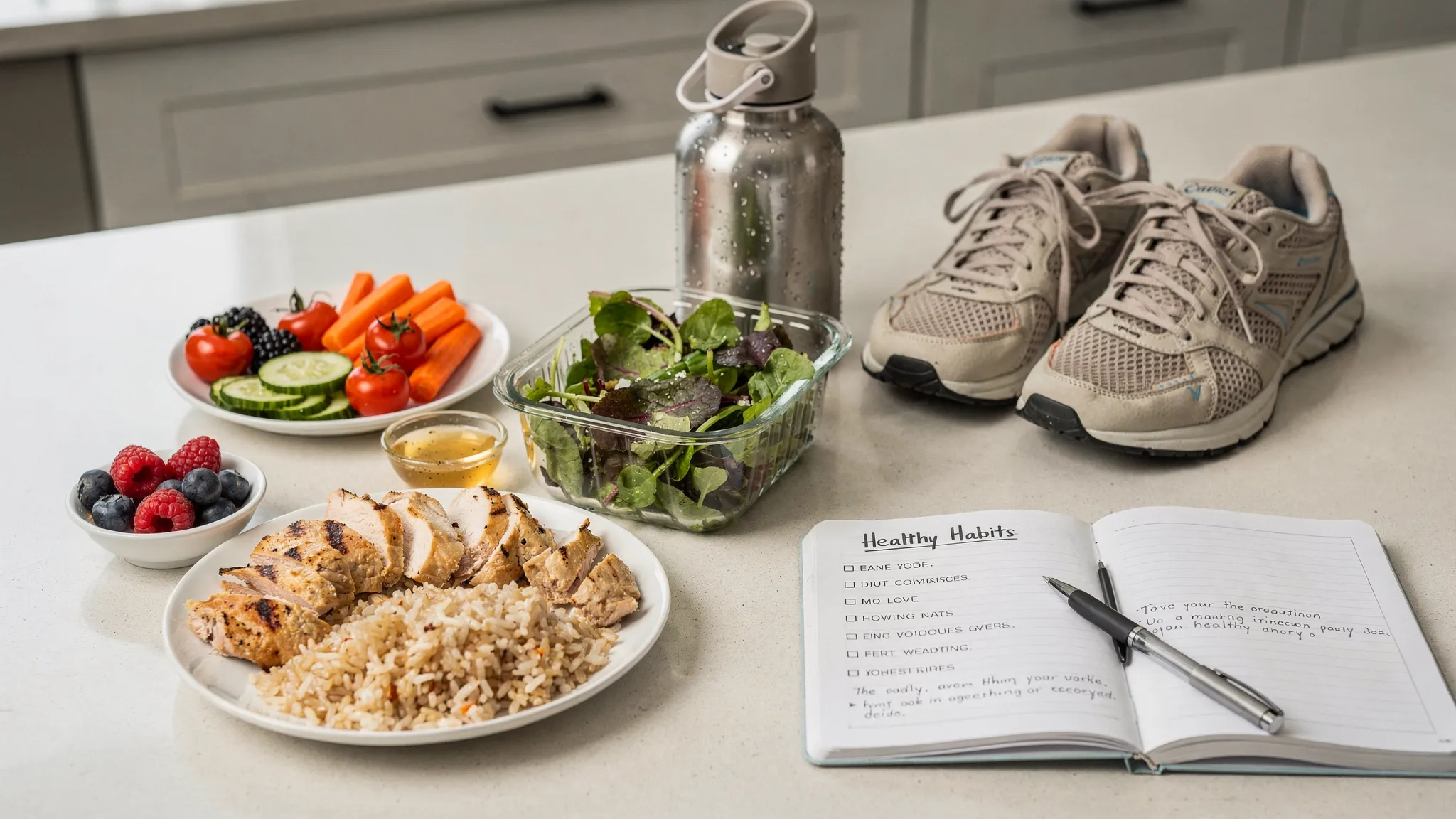 A kitchen counter with simple healthy foods, a water bottle, walking shoes, and a notebook, showing practical weight loss habits that fit a busy lifestyle.