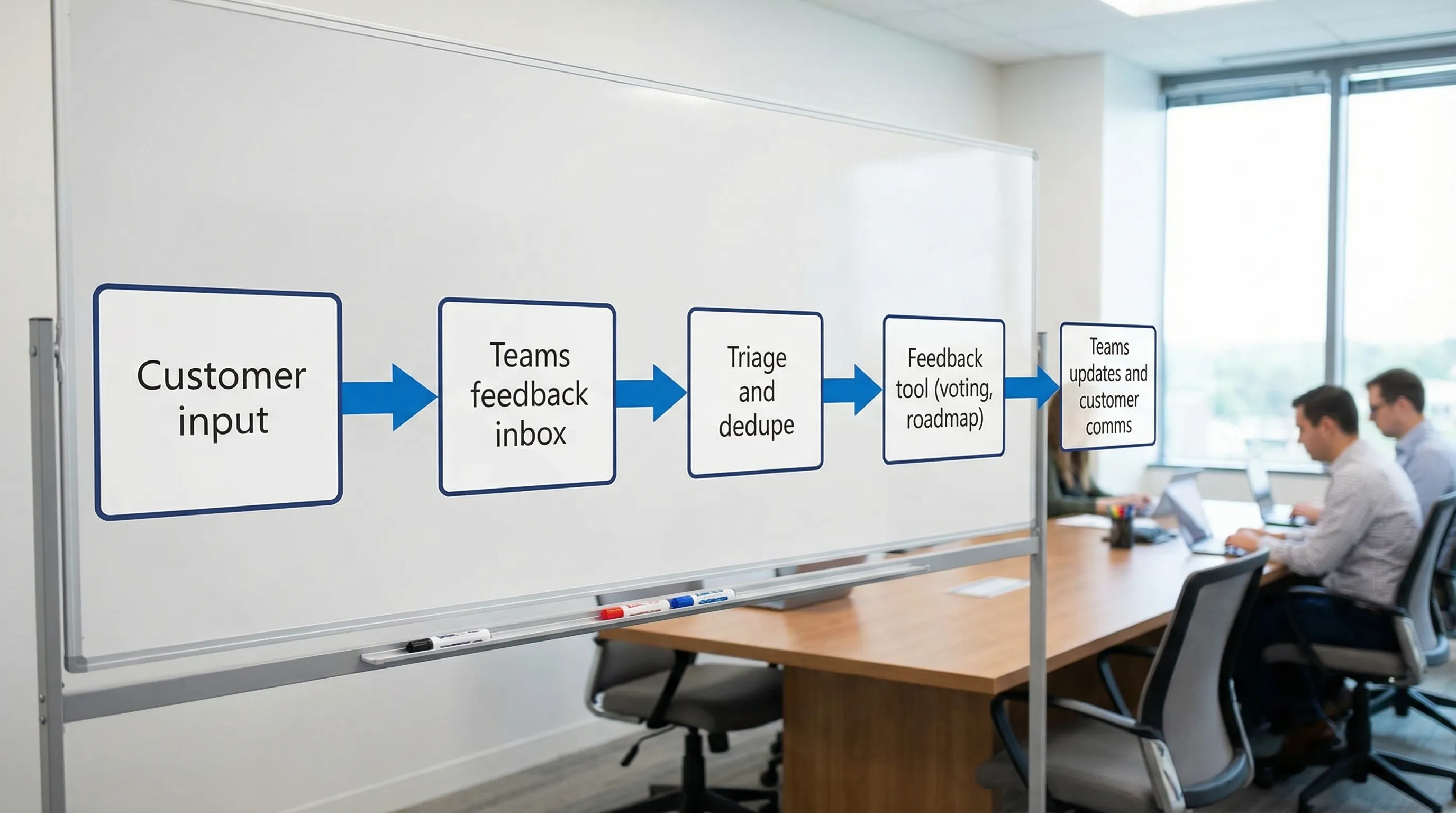 A simple flow diagram with five labeled boxes connected by arrows: “Customer input” to “Teams feedback inbox” to “Triage and dedupe” to “Feedback tool (voting, roadmap)” to “Teams updates and customer comms.”