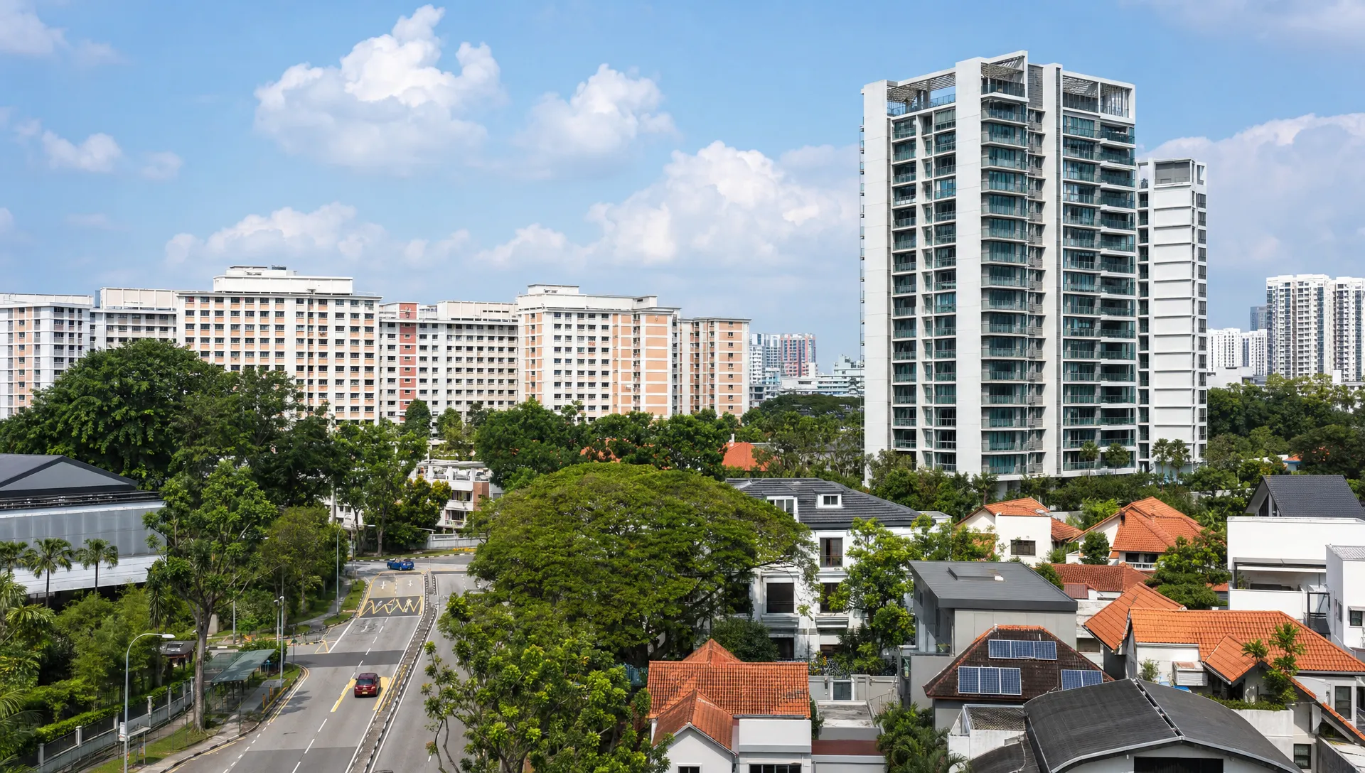 A Singapore residential neighbourhood shows HDB flats, a condominium tower and landed homes near greenery.