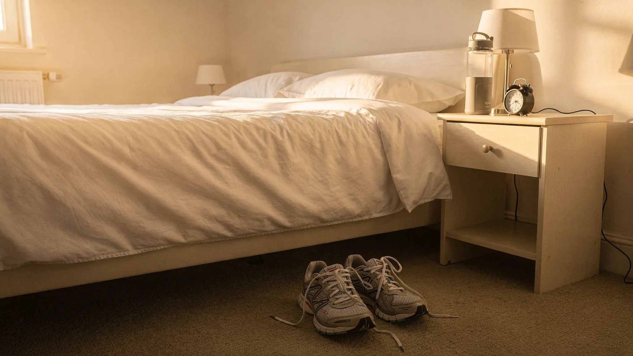 A calm bedroom with a pair of running shoes beside the bed, a water bottle on a nightstand, and soft morning light coming through the window, showing the connection between daily movement and restorative sleep.
