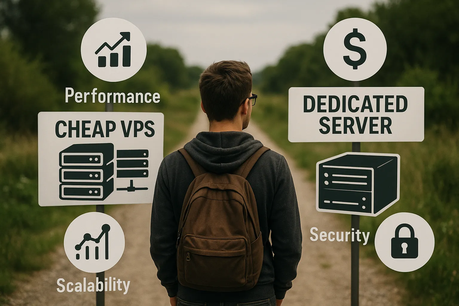 Illustration of a developer at a crossroads, one path labeled 