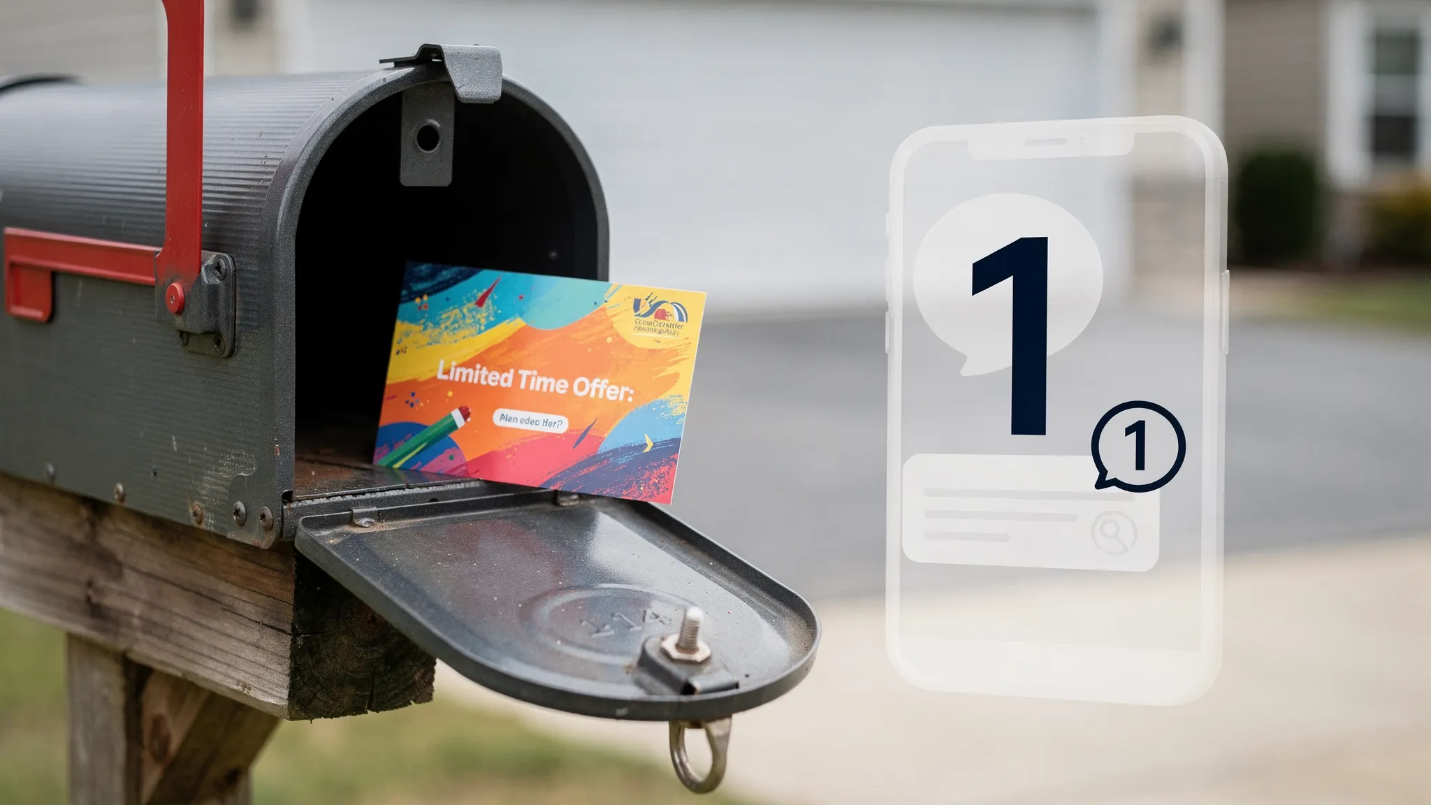 A household mailbox with a colorful postcard beside a digital notification icon, showing how a direct mail piece can create both a physical mailbox moment and an online response path.