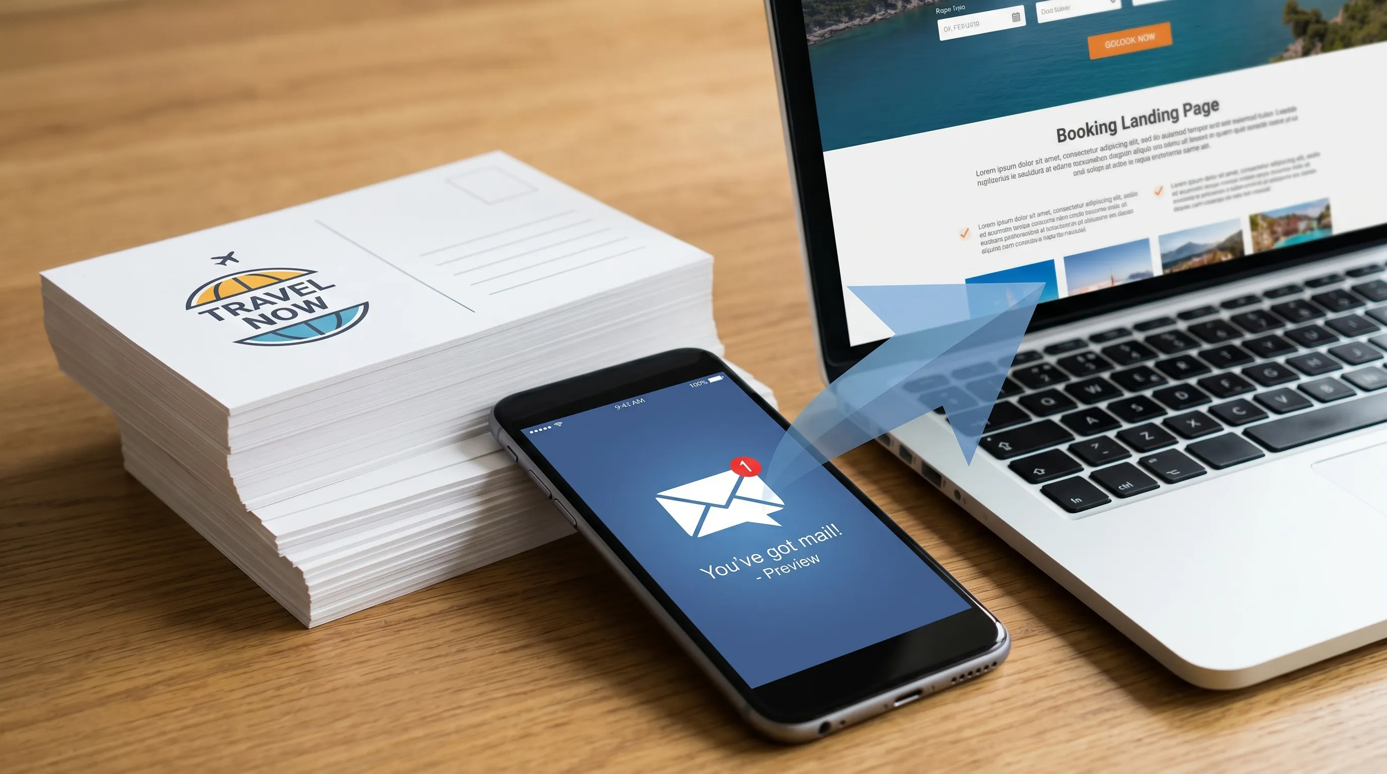 A stack of branded postcards beside a smartphone showing a simple mail preview notification, with arrows connecting physical mail to an online landing page.