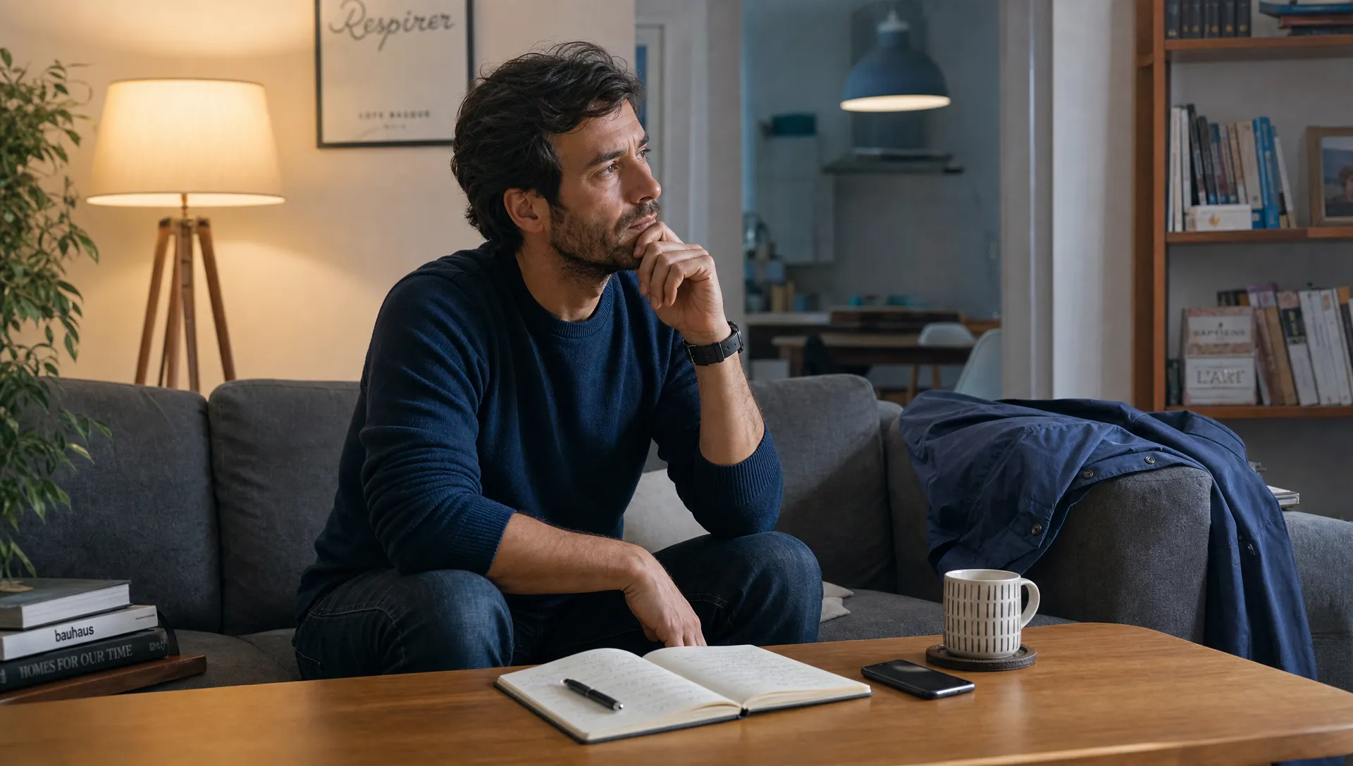 Landscape medium-wide scene in an ordinary apartment living room at the end of the day, where a professional in transition sits on a sofa beside a coffee table with a notebook, a phone, and a cup, thinking through a personal change. The background includes a lamp, a folded jacket, and everyday household details, eye-level view, calm domestic setting.