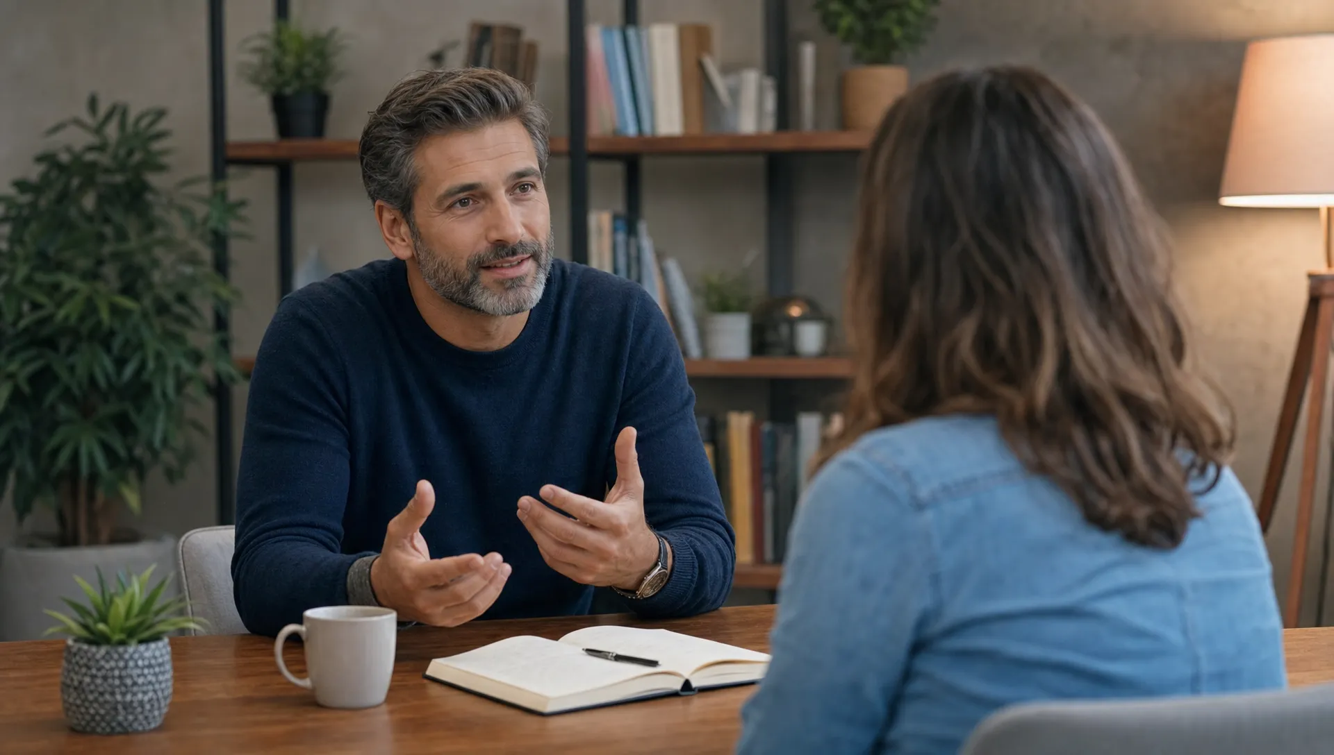Un professionnel expérimenté échange avec une personne en transition autour d’une table, avec un carnet ouvert dans un cadre de coaching de vie.