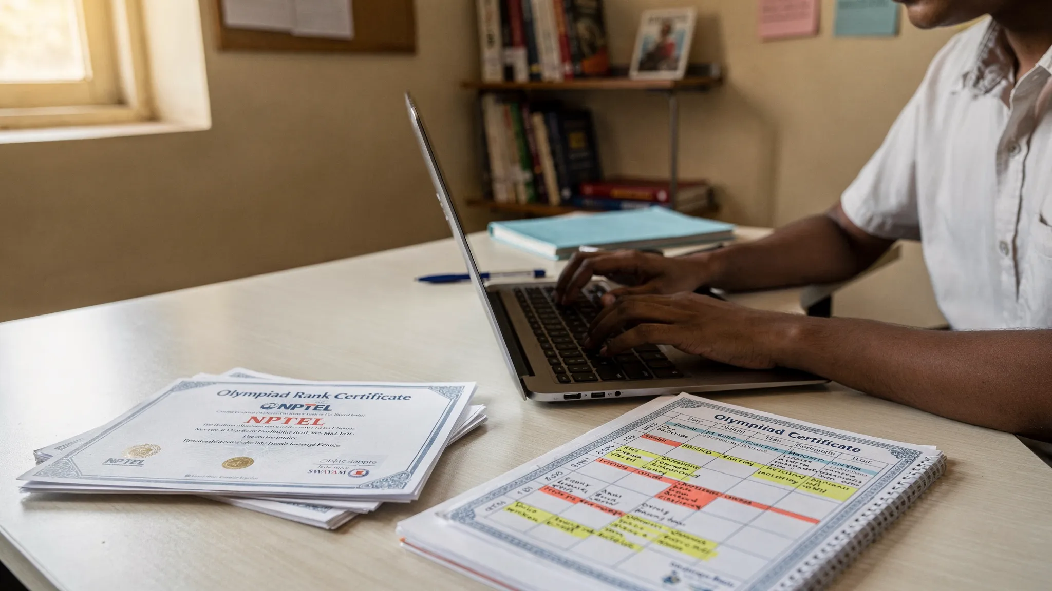 Close-up of a student in Chennai updating an academic portfolio on a laptop, with certificates from NPTEL and SWAYAM on the desk, a printed Olympiad rank certificate, and a neatly organised study planner.