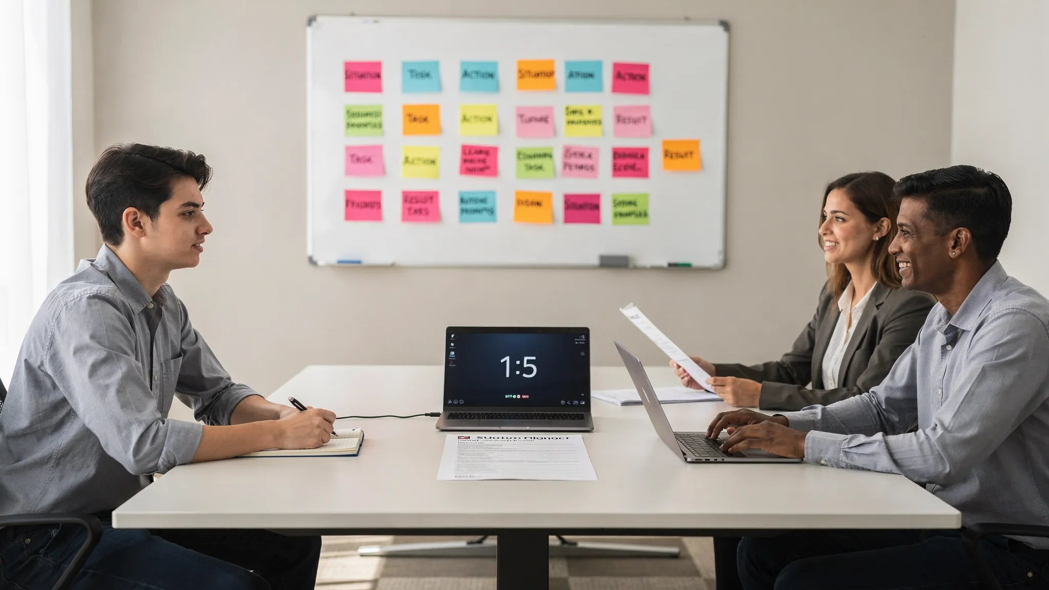 A final-year student sits across a two-member panel in a simulated campus placement mock interview, with a resume on the table, a laptop timer visible, and sticky notes showing STAR prompts on a whiteboard.