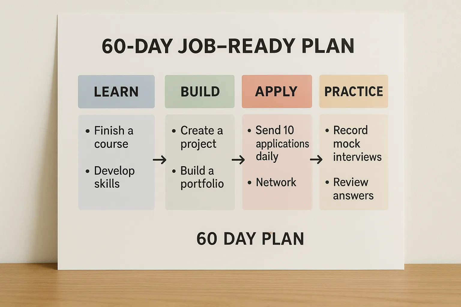 A simple 60-day job-ready plan diagram with four blocks, Learn, Build, Apply, Practice. Each block has 2 to 3 bullet actions like finish a course, create a dashboard, send 10 applications daily, and record mock interviews.