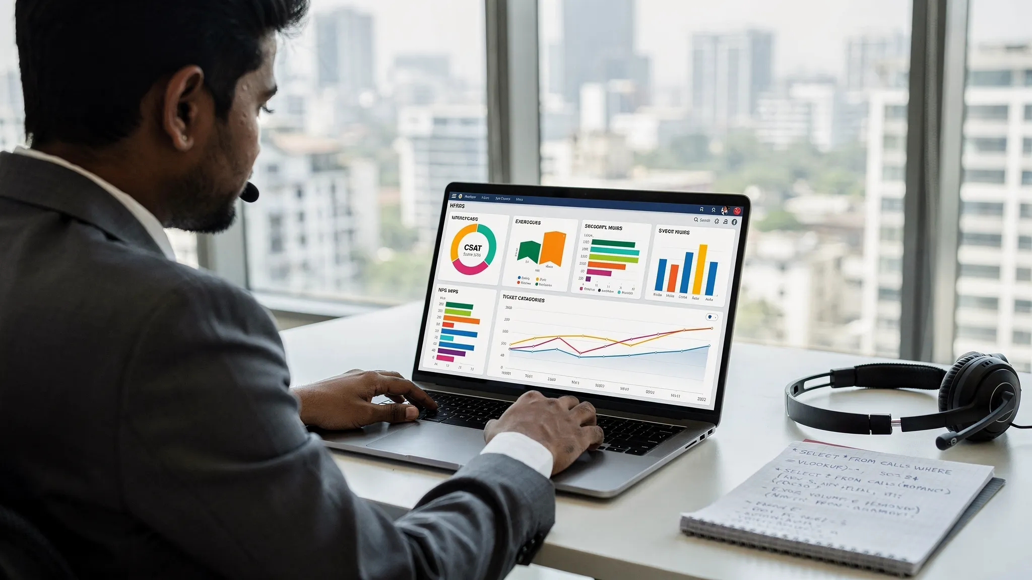 A customer service professional in a modern Chennai office reviews a Power BI dashboard on a laptop, with charts of CSAT, NPS, ticket categories, and call volume trends, while a headset and notepad with SQL and Excel formulas lie on the desk.