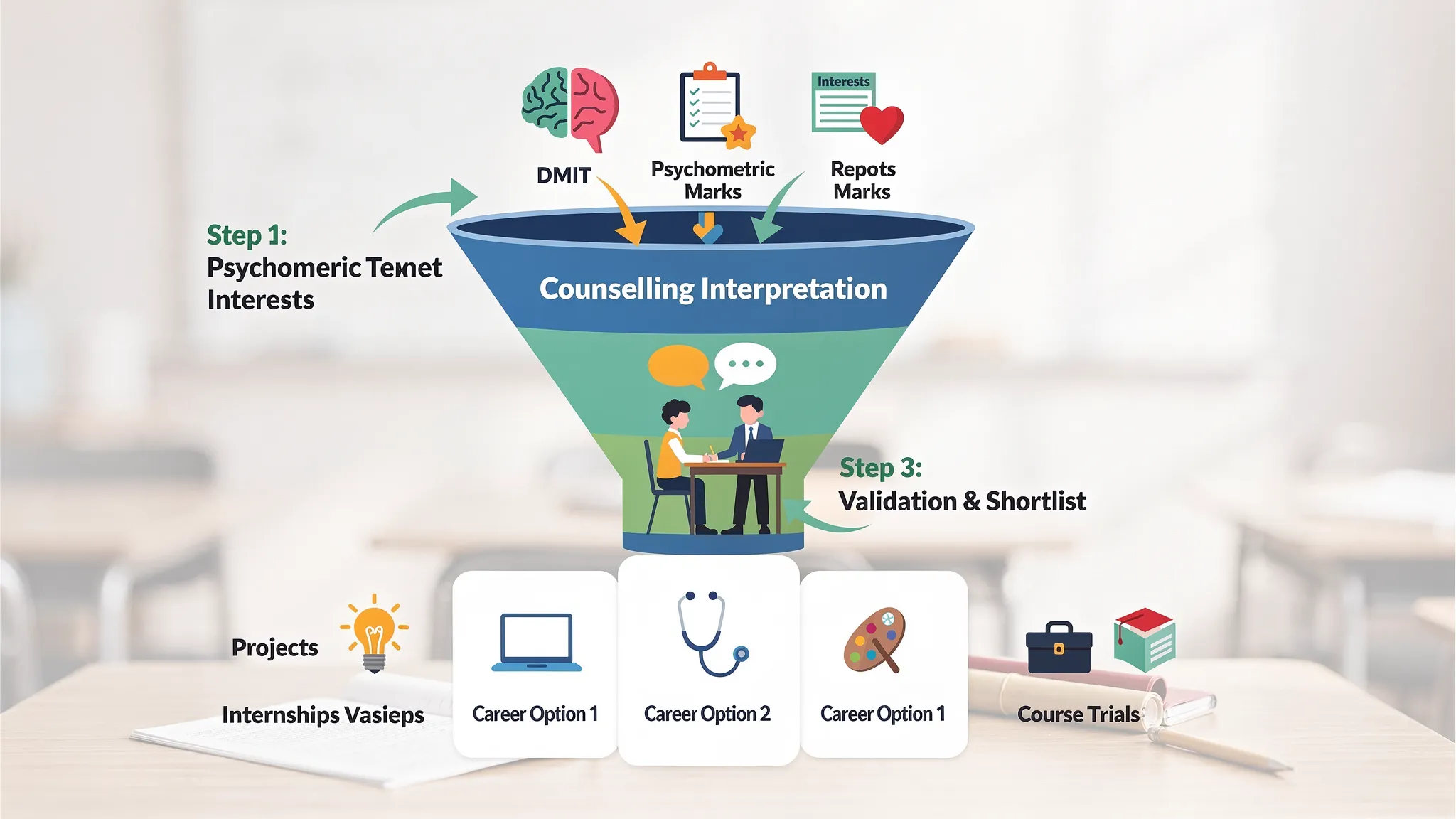 A simple three-step career decision funnel for teenagers showing inputs (DMIT, psychometric tests, marks, interests), then counselling interpretation, then validation through projects, internships, and course trials leading to a shortlist of careers.