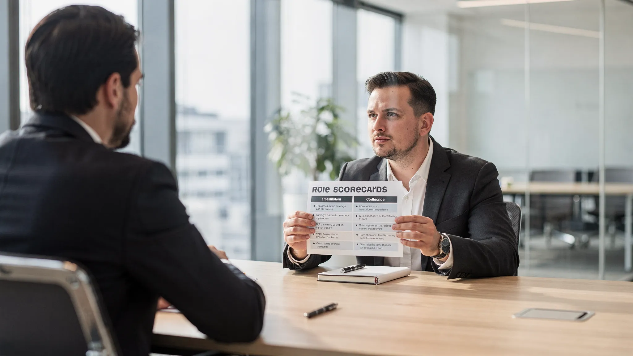 A candidate sits across from an interviewer in a modern office meeting room, holding a one-page role scorecard with bullet points, while a notebook and pen are on the table.