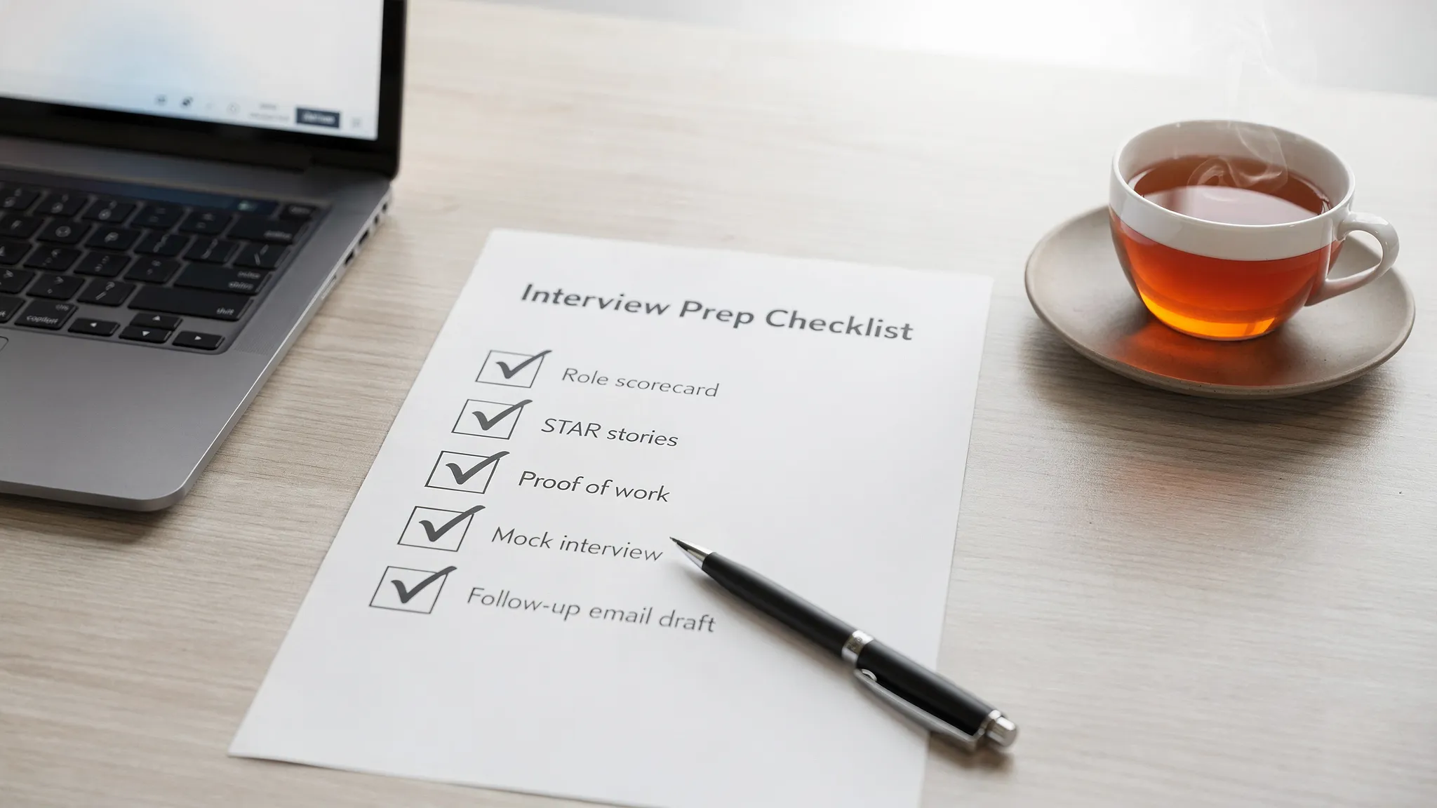 A simple interview preparation checklist on paper with tick boxes labeled role scorecard, STAR stories, proof of work, mock interview, and follow-up email draft, placed beside a laptop and a cup of tea.