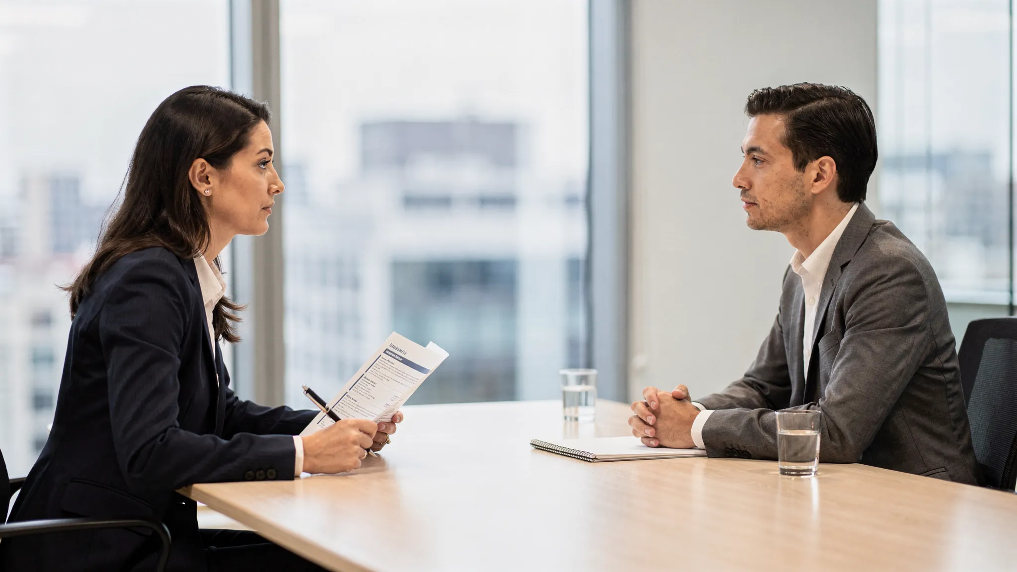 A candidate sitting across from an HR interviewer in a modern office meeting room, with a notepad on the table and calm professional body language, suggesting a structured HR interview conversation.