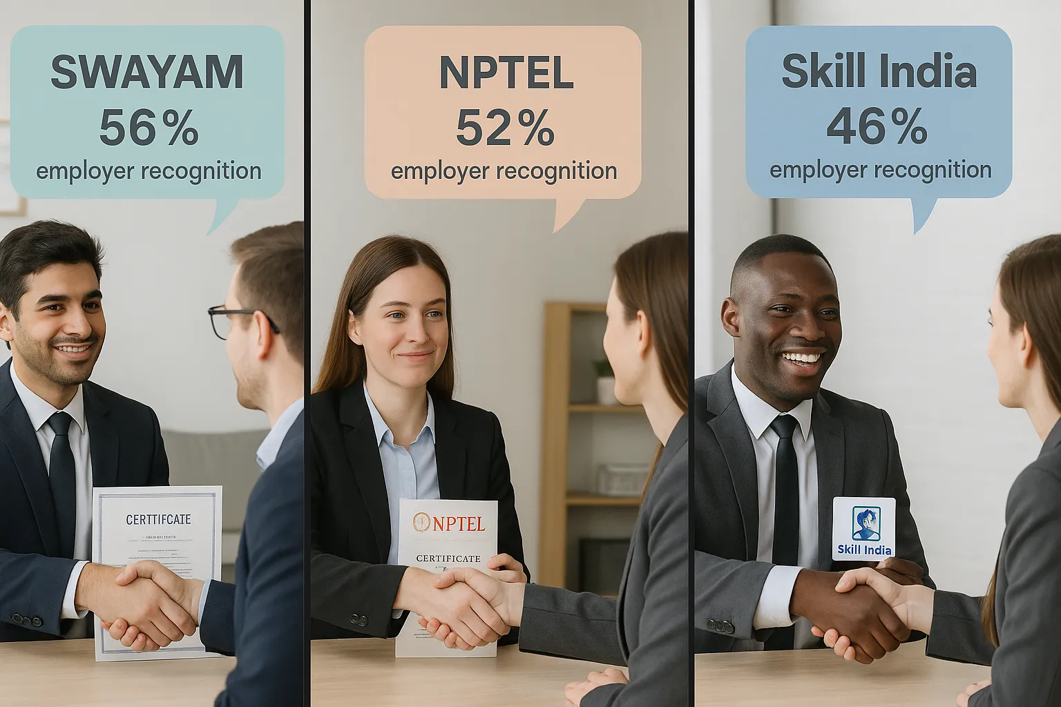 A split-screen infographic showing three recruiters shaking hands with candidates; one holds a SWAYAM certificate, another NPTEL, and the third a Skill India badge. Text bubbles indicate employer recognition percentages.