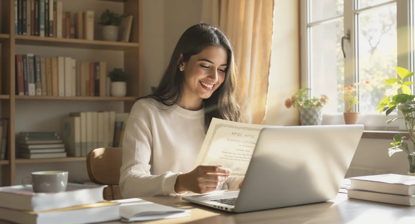 A happy student checks her laptop while holding a printed NPTEL certificate; sunlight pours through a study window, books stacked nearby.