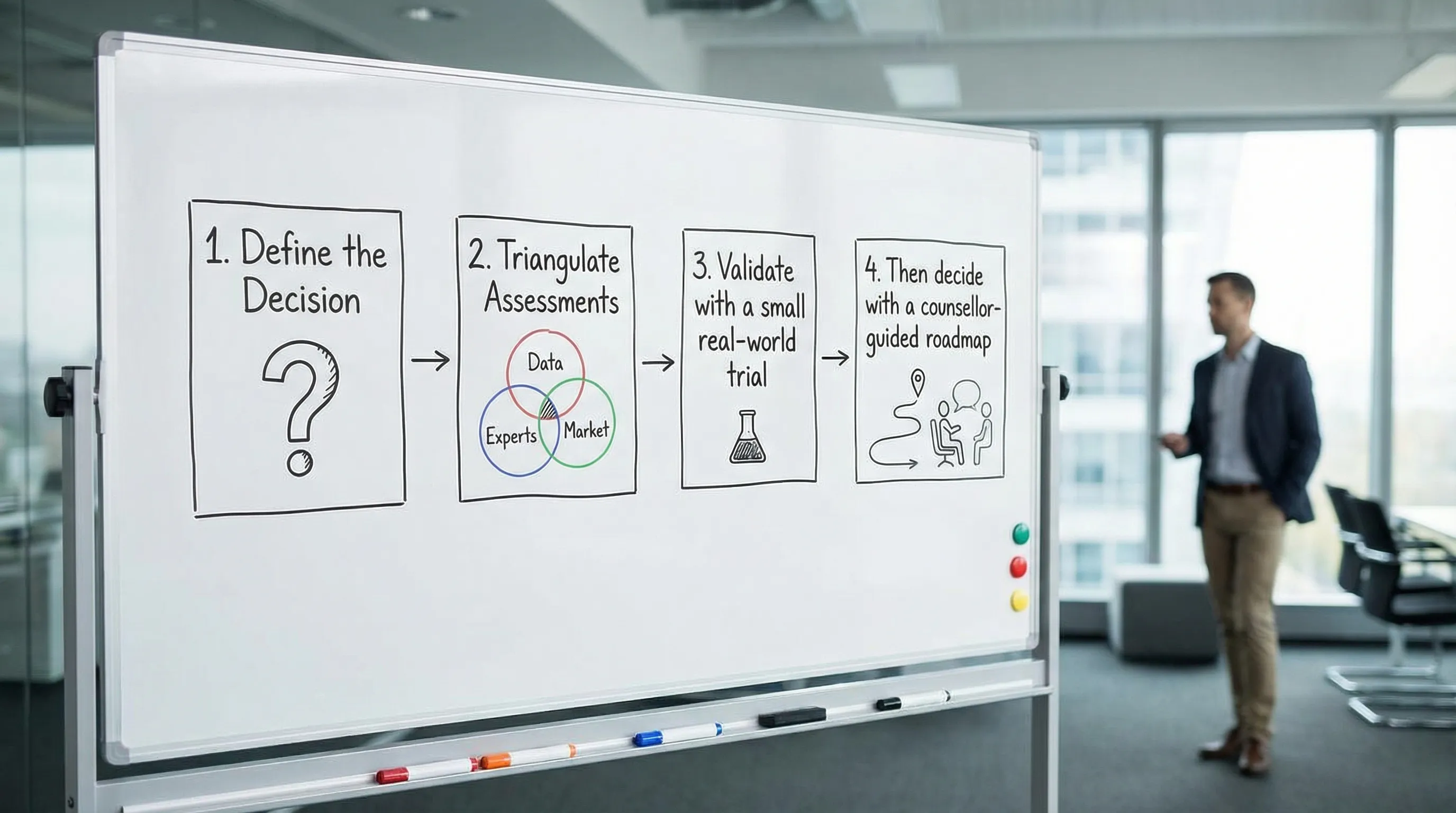 A simple 4-step decision framework diagram showing: Define the decision, Triangulate assessments, Validate with a small real-world trial, Then decide with a counsellor-guided roadmap.
