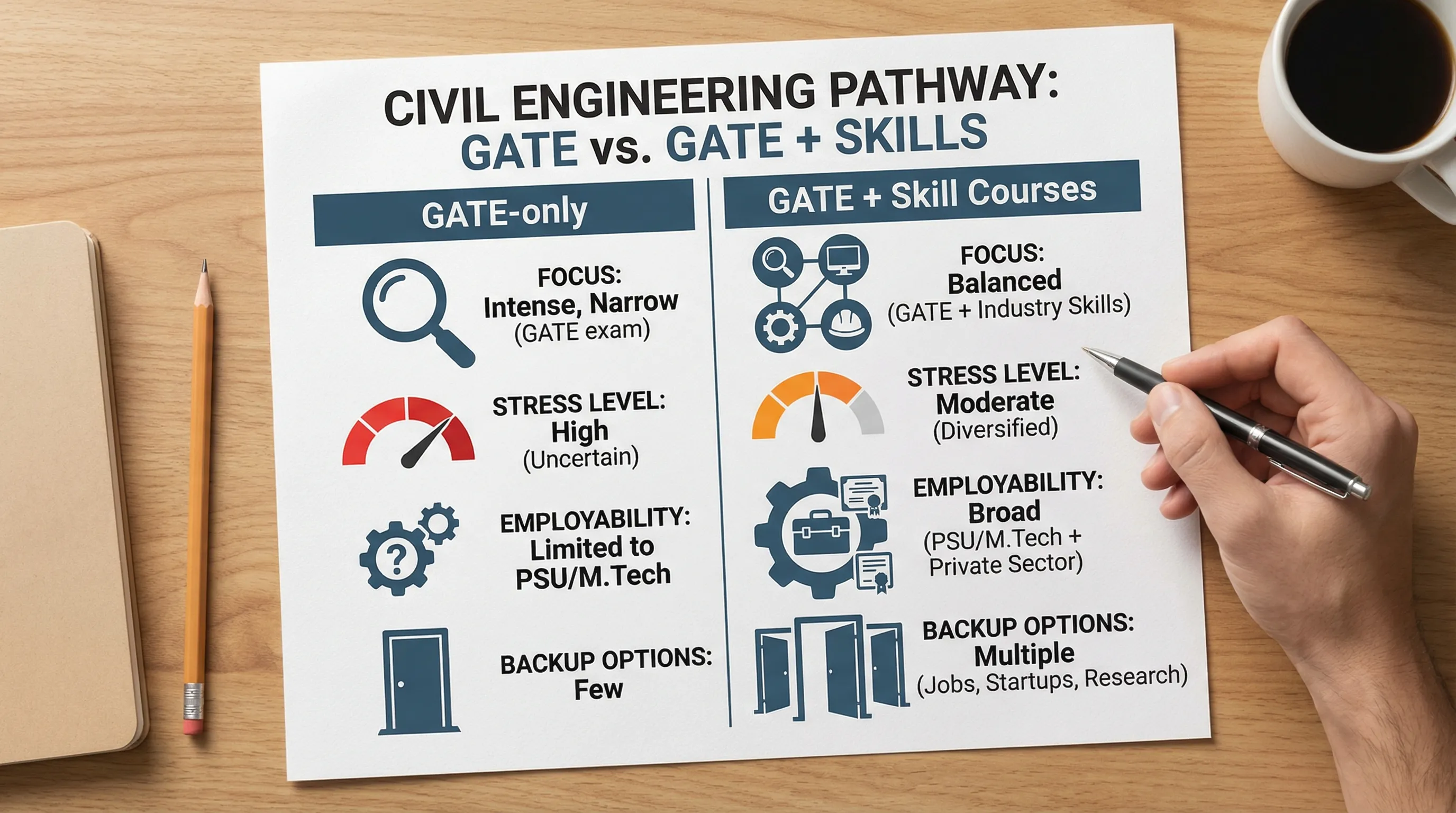 A simple comparison infographic showing two paths for a civil engineering student: “GATE-only” versus “GATE + skill courses”, with icons for focus, stress level, employability, and backup options.