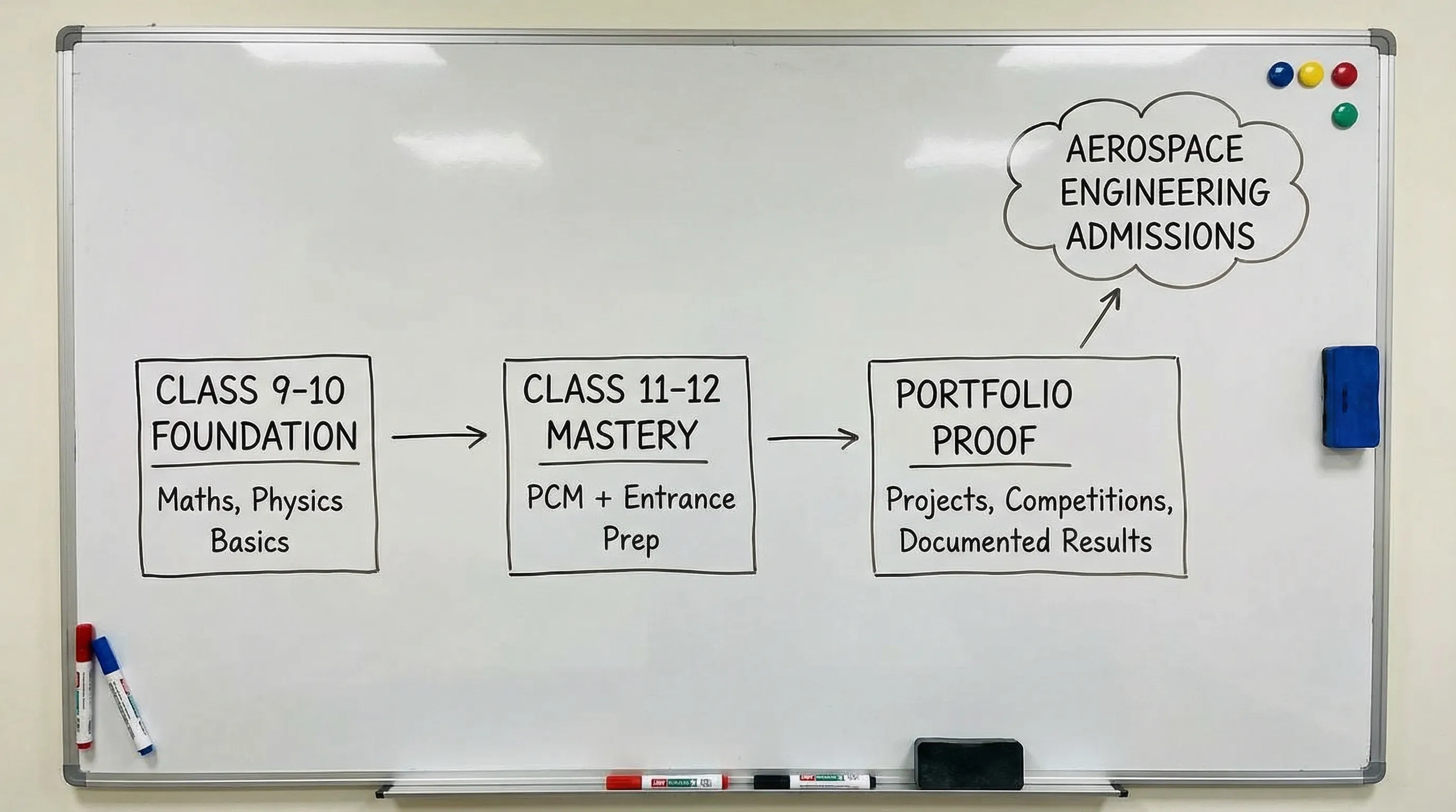 A simple roadmap diagram showing Class 9-10 foundation (math, physics basics), Class 11-12 mastery (PCM + entrance prep), and portfolio proof (projects, competitions, documented results) leading to aerospace engineering admissions.