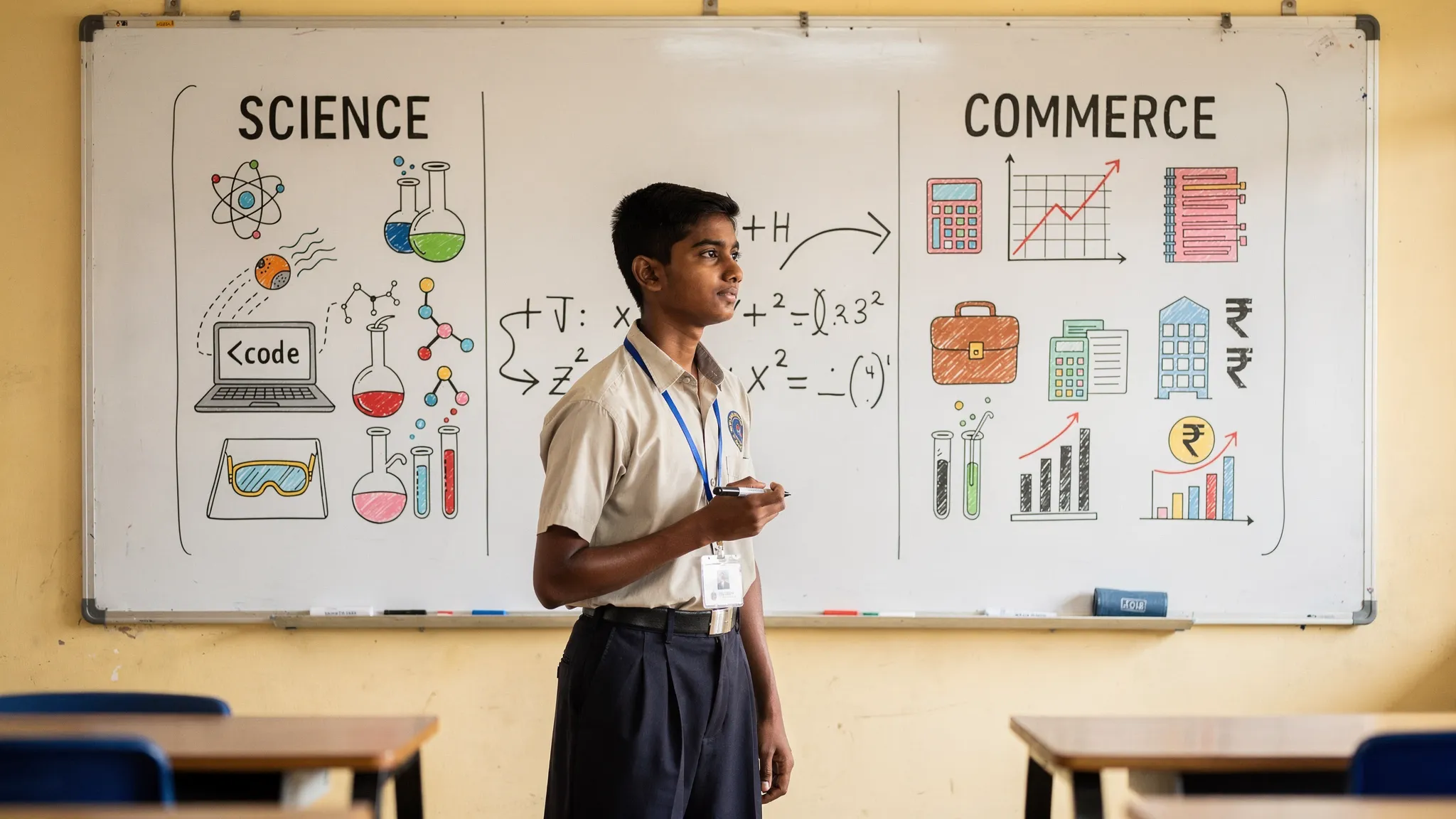 A Class 10 student in Chennai comparing a Science column (physics, chemistry, coding, labs) and a Commerce column (accounting, economics, business, markets) on a whiteboard, with math symbols connecting both paths.