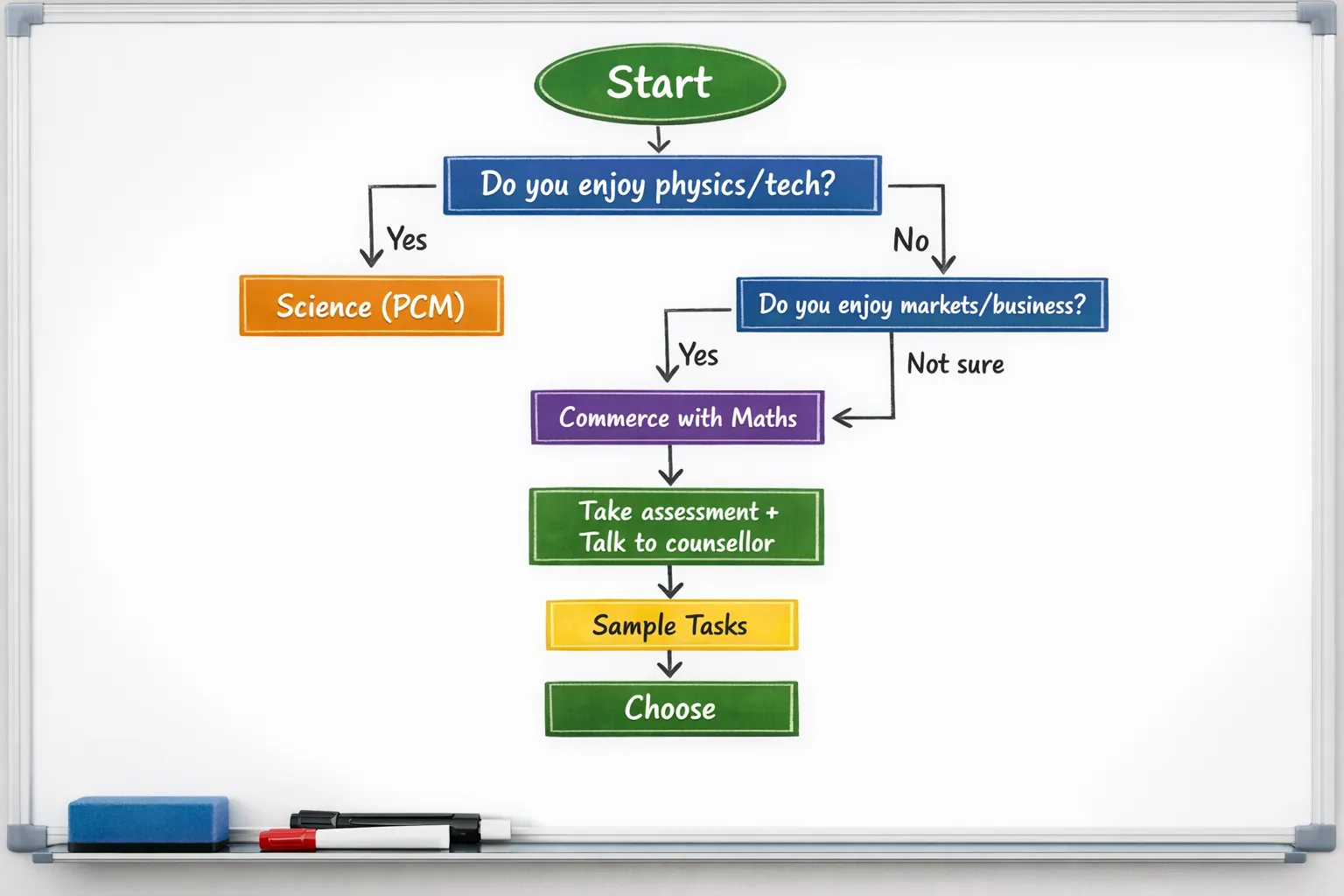 A simple decision flowchart showing: Start → Do you enjoy physics/tech? Yes → Science (PCM). No → Do you enjoy markets/business? Yes → Commerce with Maths. Not sure → Take assessment + talk to counsellor → sample tasks → choose.