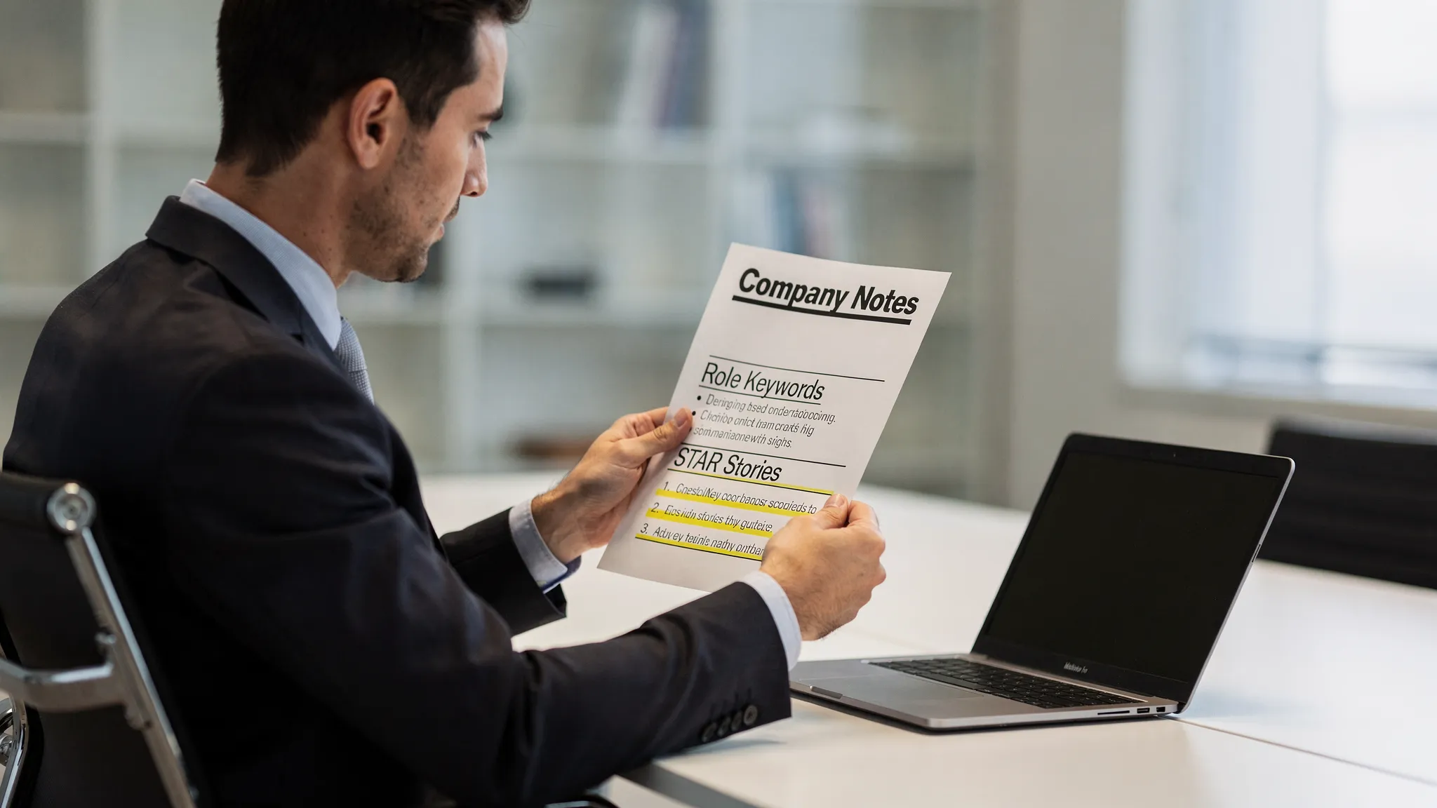 A candidate in formal attire reviews a one-page interview prep sheet with company notes, role keywords, and three STAR stories highlighted, while a laptop sits open with the screen facing the candidate and no visible content behind it.