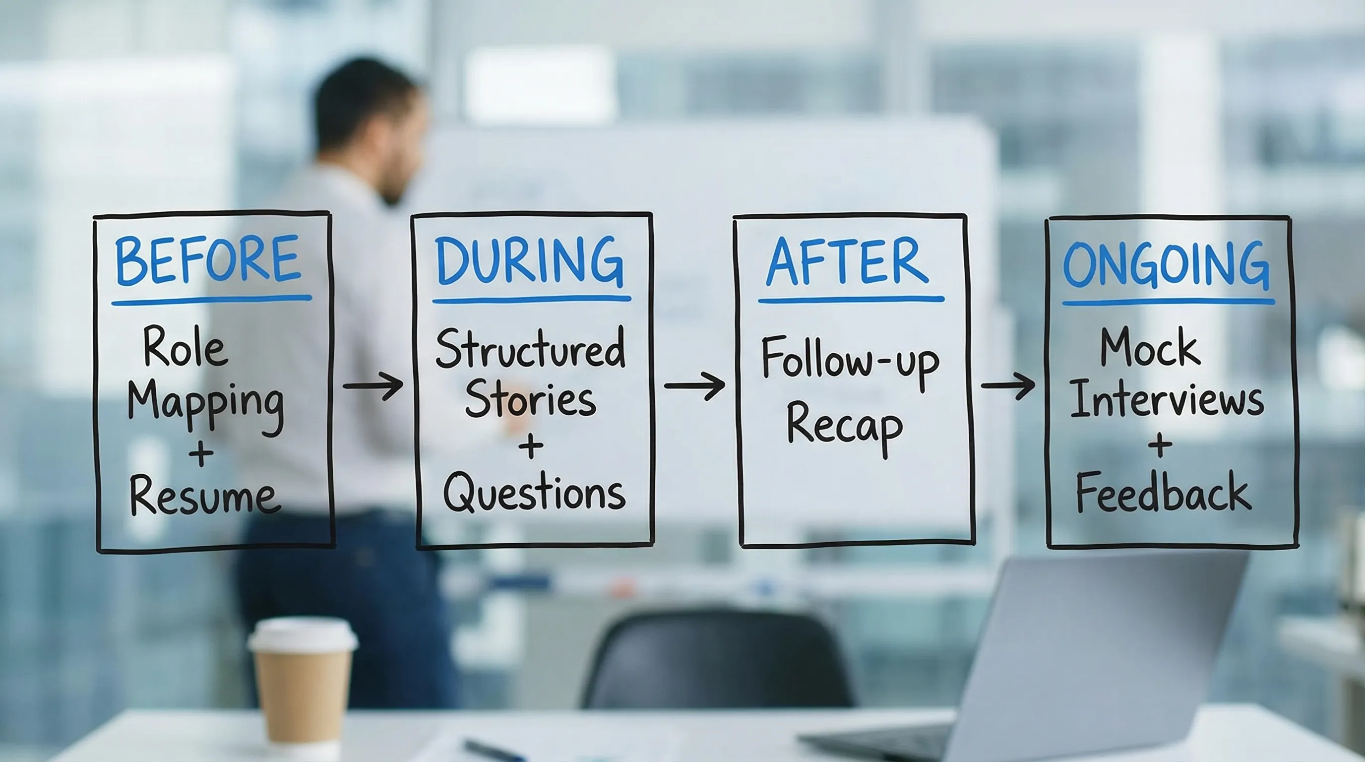 A simple four-step diagram showing interview advantage stages: Before (role mapping + resume), During (structured stories + questions), After (follow-up recap), Ongoing (mock interviews + feedback).