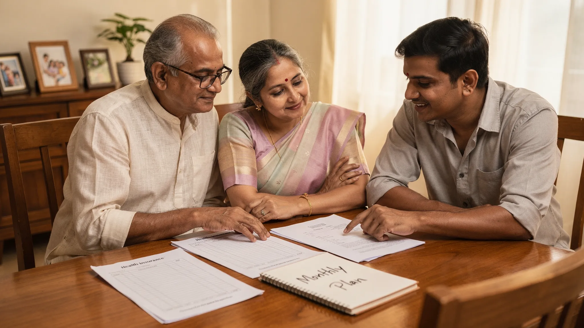 A calm retirement planning scene at a dining table in an Indian home, with a retired couple reviewing a simple budget sheet, medical insurance papers, and a notebook labeled “Monthly Plan”, while an adult child listens supportively.