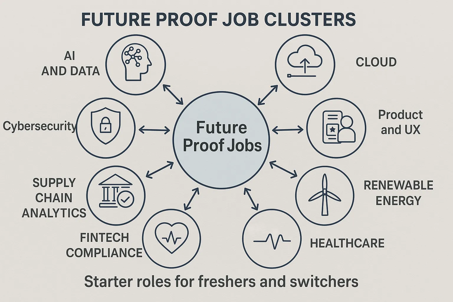 Simple infographic showing 8 future proof job clusters around a central hub, including AI and Data, Cybersecurity, Cloud, Product and UX, Renewable Energy, Healthcare, Fintech Compliance, and Supply Chain Analytics, with arrows pointing to starter roles for freshers and switchers.