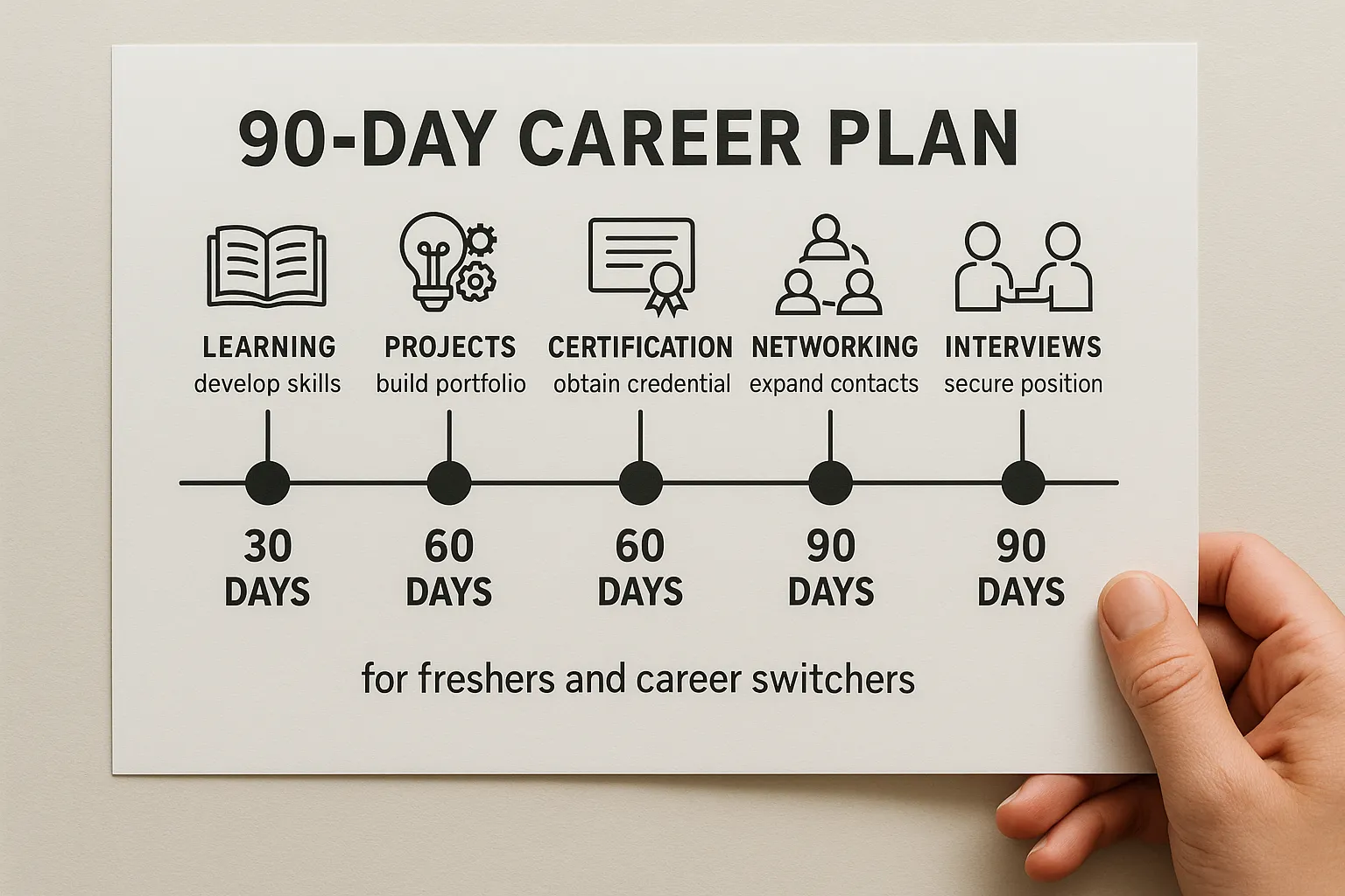 A step by step 90 day career plan timeline with milestones for learning, projects, certification, networking, and interviews, tailored for freshers and career switchers.