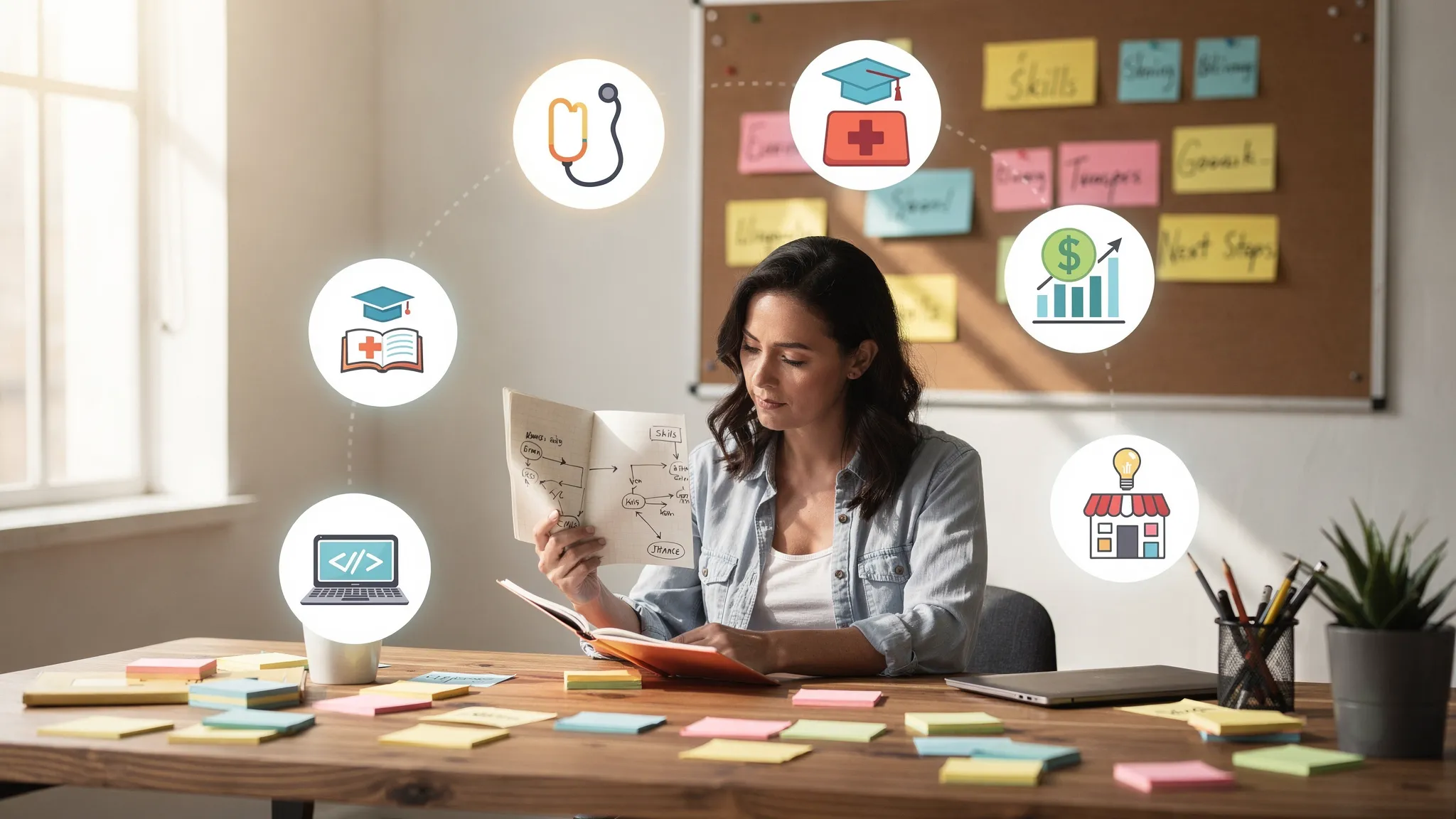 A woman planning her career path with a notebook and sticky notes, with icons representing healthcare, education, technology, finance, and entrepreneurship placed around as career options.