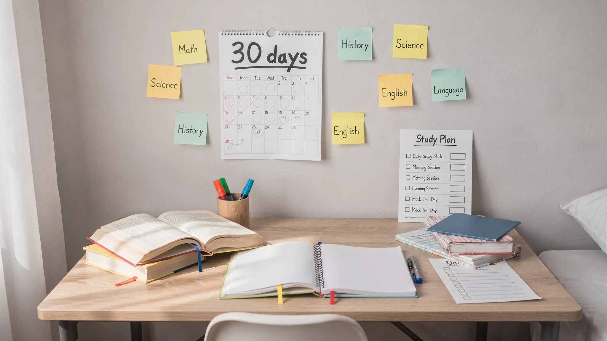 A student desk with textbooks, a wall calendar marked “30 days”, sticky notes for subjects, and a simple checklist showing daily study blocks and mock test days.