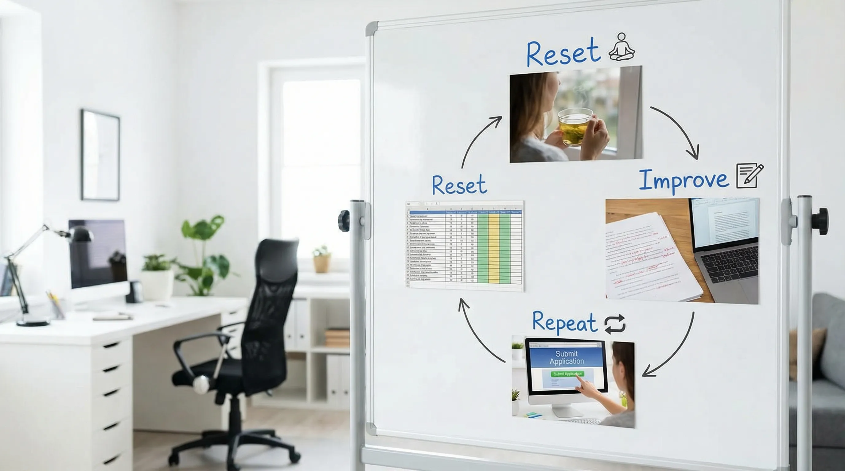 A simple three-step loop diagram titled Reset, Improve, Repeat. Reset shows calming and rest, Improve shows resume or manuscript edits and practice, Repeat shows sending the next application submission batch with tracking.