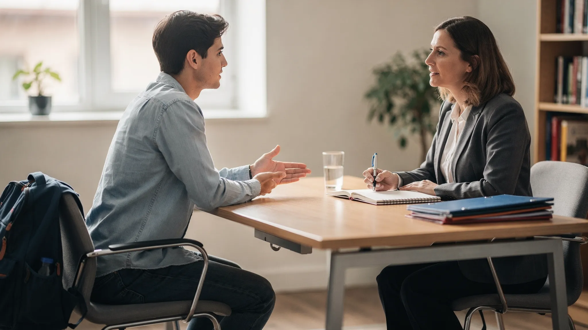 A one-to-one counselling session where a student and counsellor sit across a desk with a notebook, discussing goals calmly in a private, supportive setting.