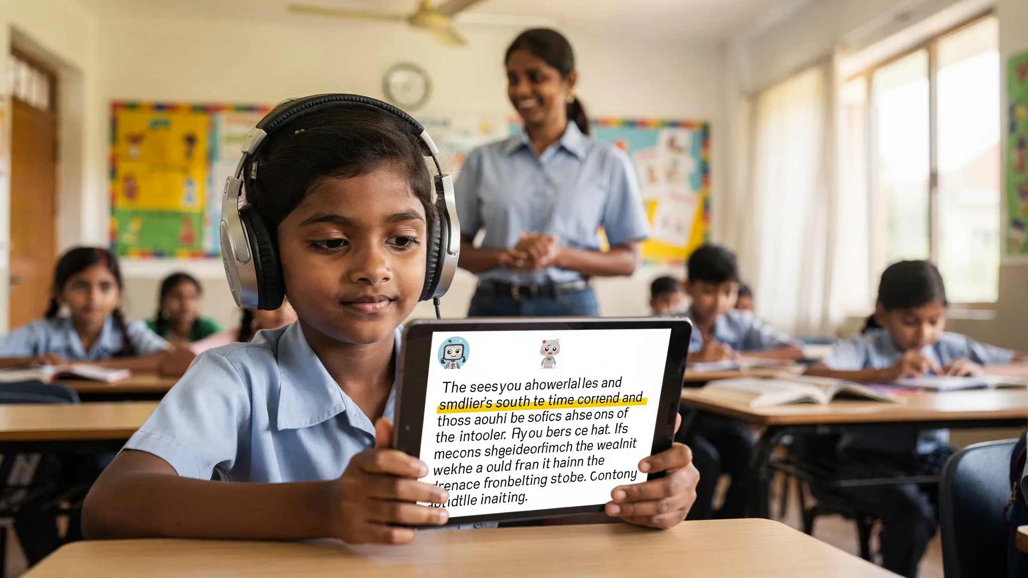 A student in a Chennai classroom wearing headphones uses a tablet with large, high-contrast text while an on-screen AI reads the passage aloud; a teacher nearby monitors discreetly, and the scene shows inclusive learning with peers around.