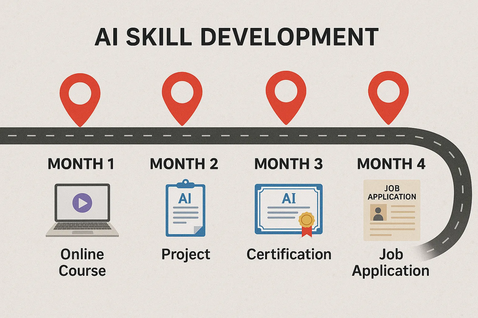 Illustrated roadmap timeline showing monthly milestones for AI skill development, progressing from online course completion to certification and job application.