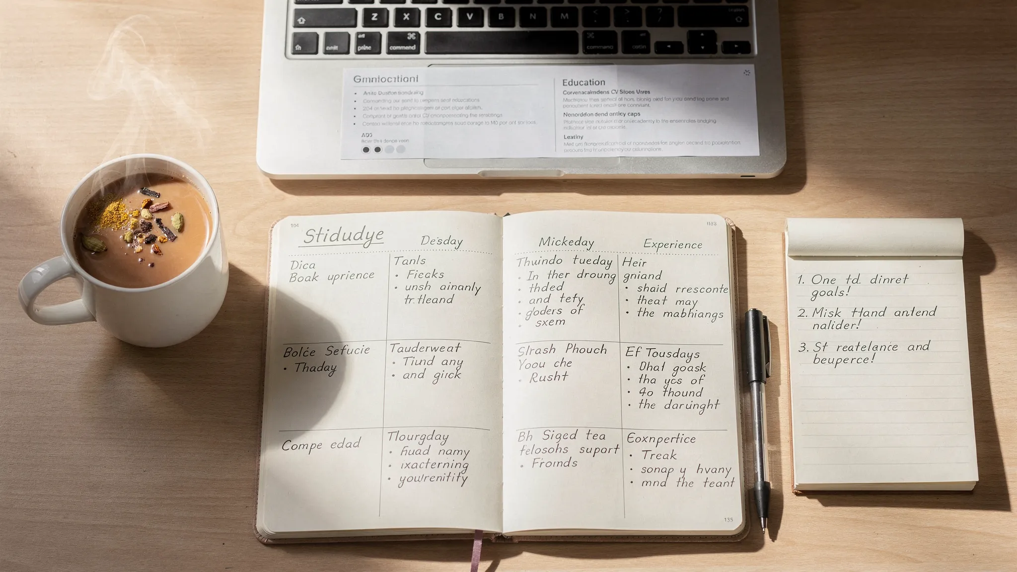 A simple desk scene with a weekly planner, a cup of chai, a short to do list with micro-goals, and a laptop open to a CV draft, symbolising gentle structure and purposeful planning during the semester break.