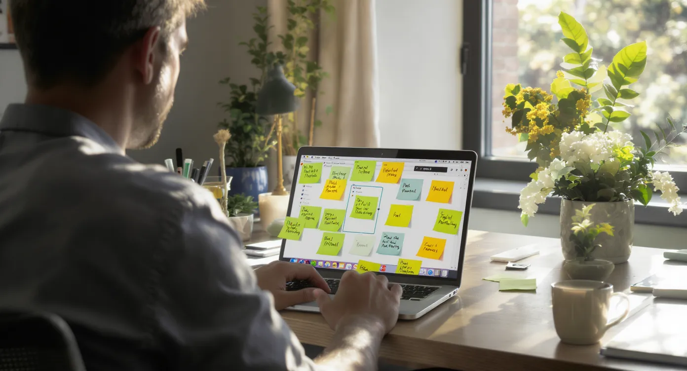 A mid-career professional sits at a tidy desk with a laptop covered in sticky notes that list skills refreshed during a career gap: Python, Project Management, Digital Marketing. Sunlight streams through a window, symbolising a fresh start.