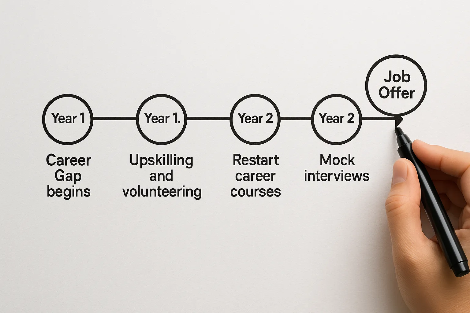 Simple timeline diagram showing: Year 1 – Career Gap begins; Year 1.5 – Upskilling and Volunteering; Year 2 – Restart career courses; Year 2.3 – Mock Interviews; Year 2.5 – Job Offer.
