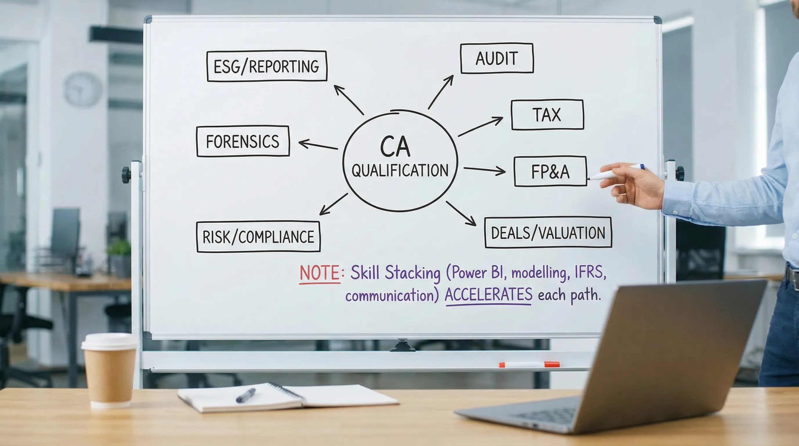 A simple pathway map showing “CA qualification” in the center branching into Audit, Tax, FP&A, Deals/Valuation, Risk/Compliance, Forensics, and ESG/Reporting, with a note that skill stacking (Power BI, modelling, IFRS, communication) accelerates each path.
