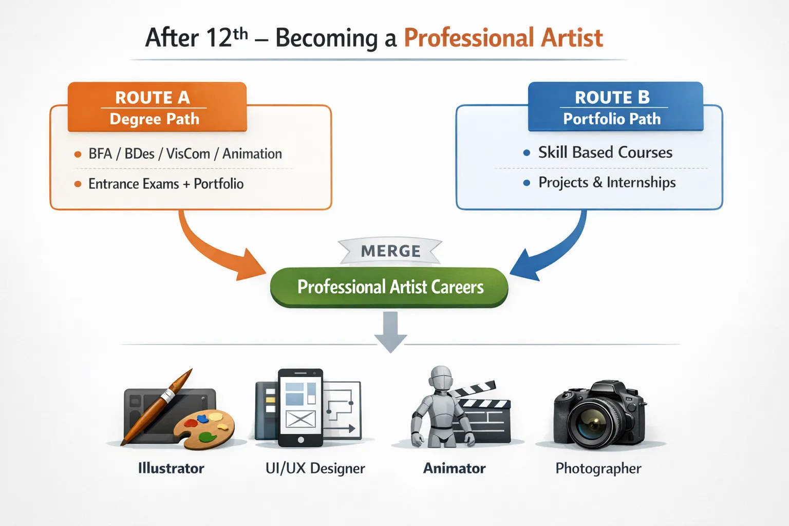 Simple flow diagram showing two main routes after 12th to become a professional artist: Route A, Degree path, BFA/BDes/VisCom/Animation with entrances plus portfolio; Route B, Portfolio path, skill based courses, projects, internships; both merge into careers like Illustrator, UI/UX, Animator, Photographer.