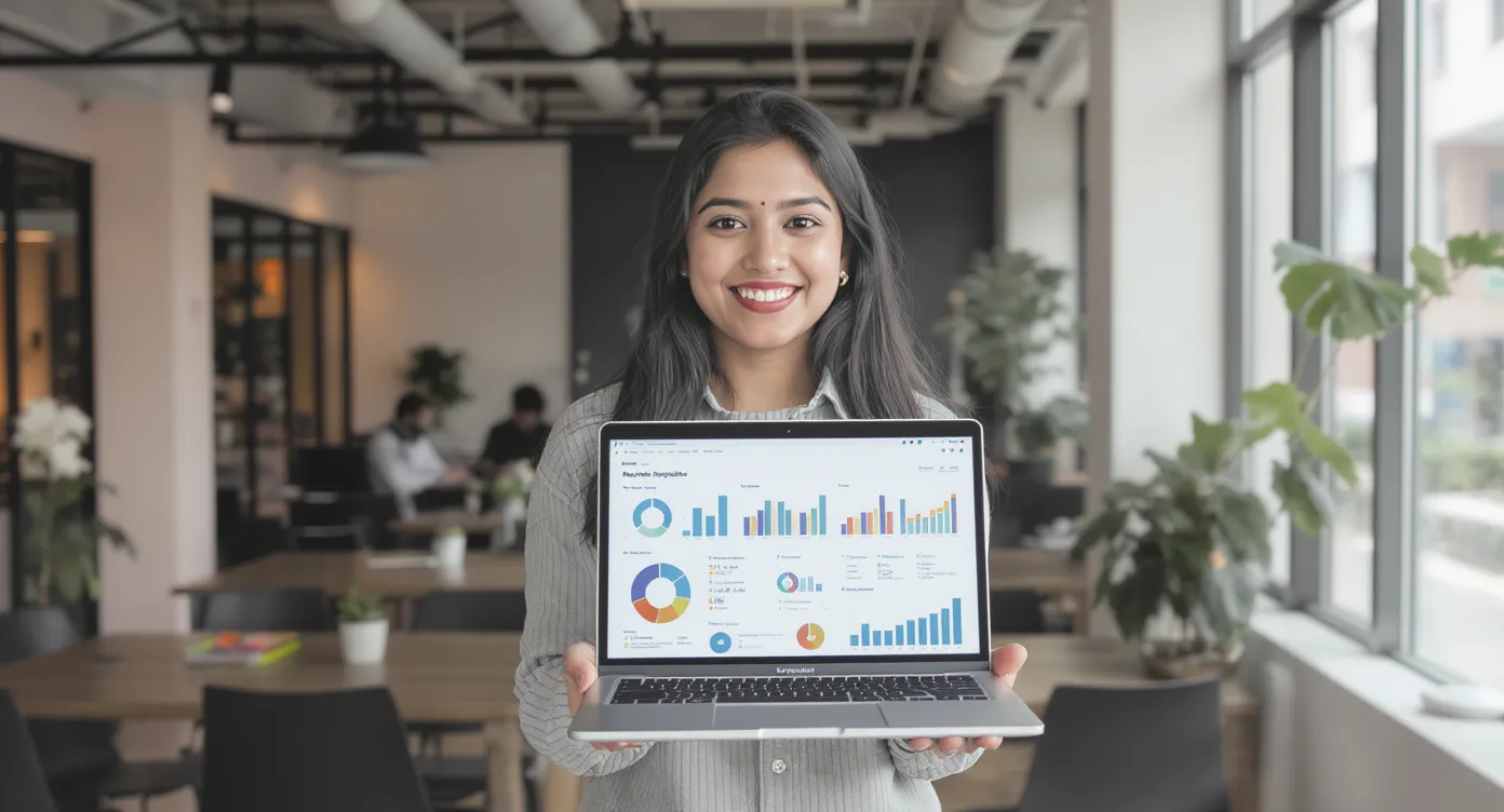 Smiling young woman holds a laptop displaying a data dashboard, standing in a modern Chennai co-working space after completing a six-month analytics bootcamp.