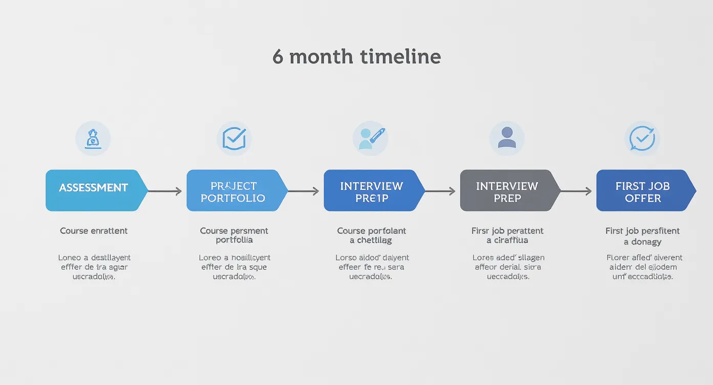 Infographic showing a 6-month timeline: assessment → course enrolment → project portfolio → interview prep → first job offer.