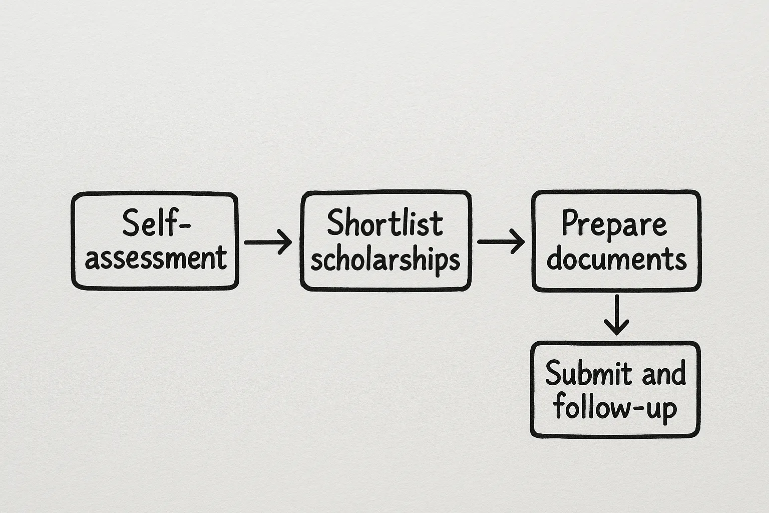 Simple flowchart showing four steps: Self-assessment → Shortlist scholarships → Prepare documents → Submit and follow-up.