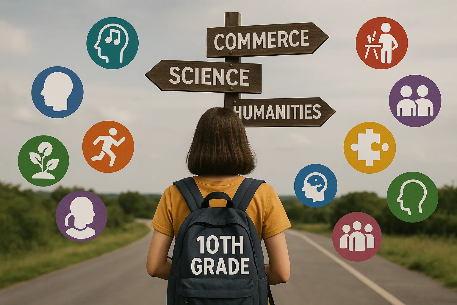 Illustration of a roadmap showing a 10th grade student at a crossroads, arrows pointing to Science, Commerce, Humanities and a set of colourful skill-badge icons, each labelled with Multiple Intelligence symbols.